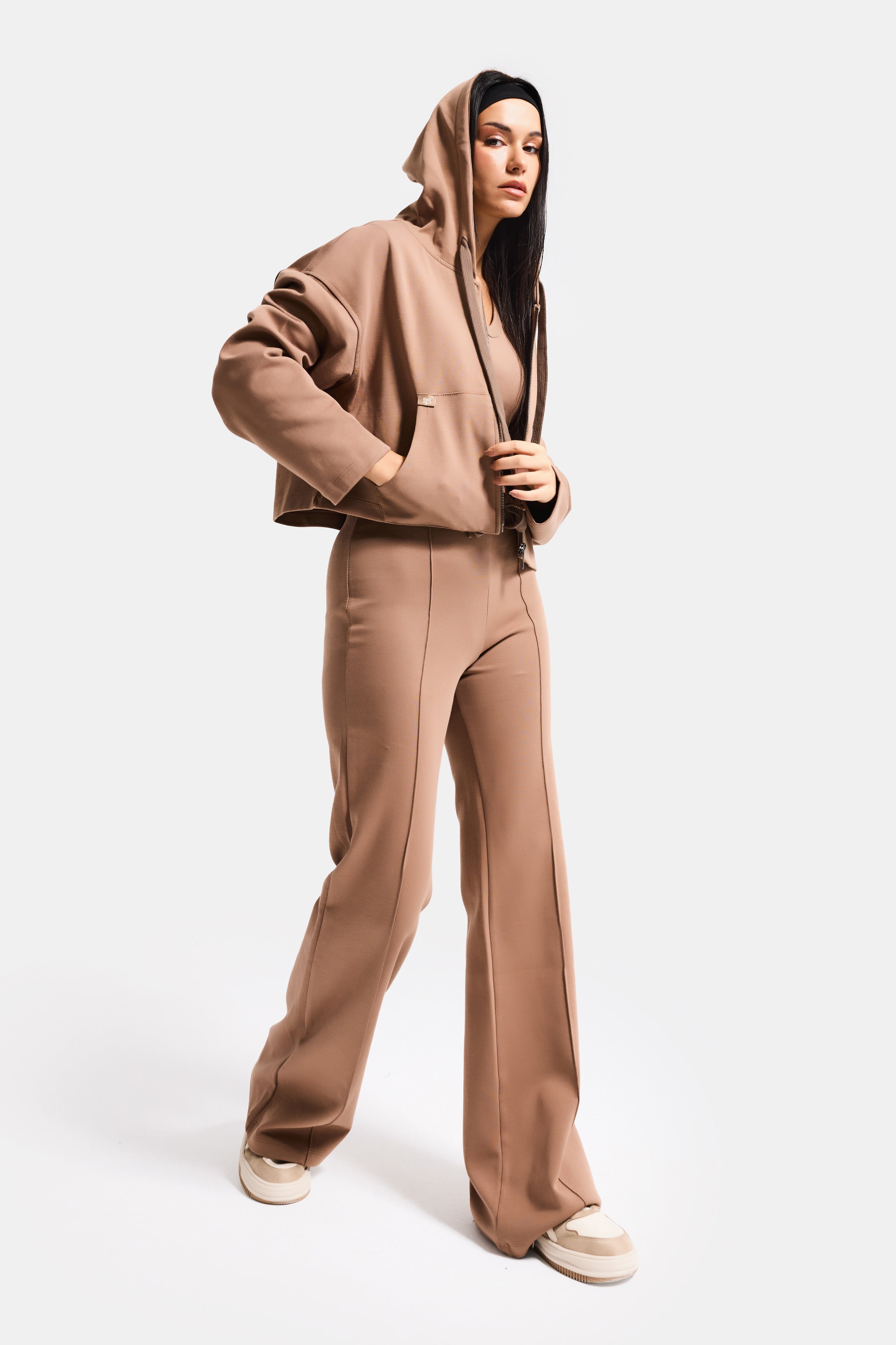 Kadın Kahve s6-16 Örme Kumaş Flare Eşofman Büstiyer ve Fermuarlı Sweatshirt 3'lü Kombin Takım