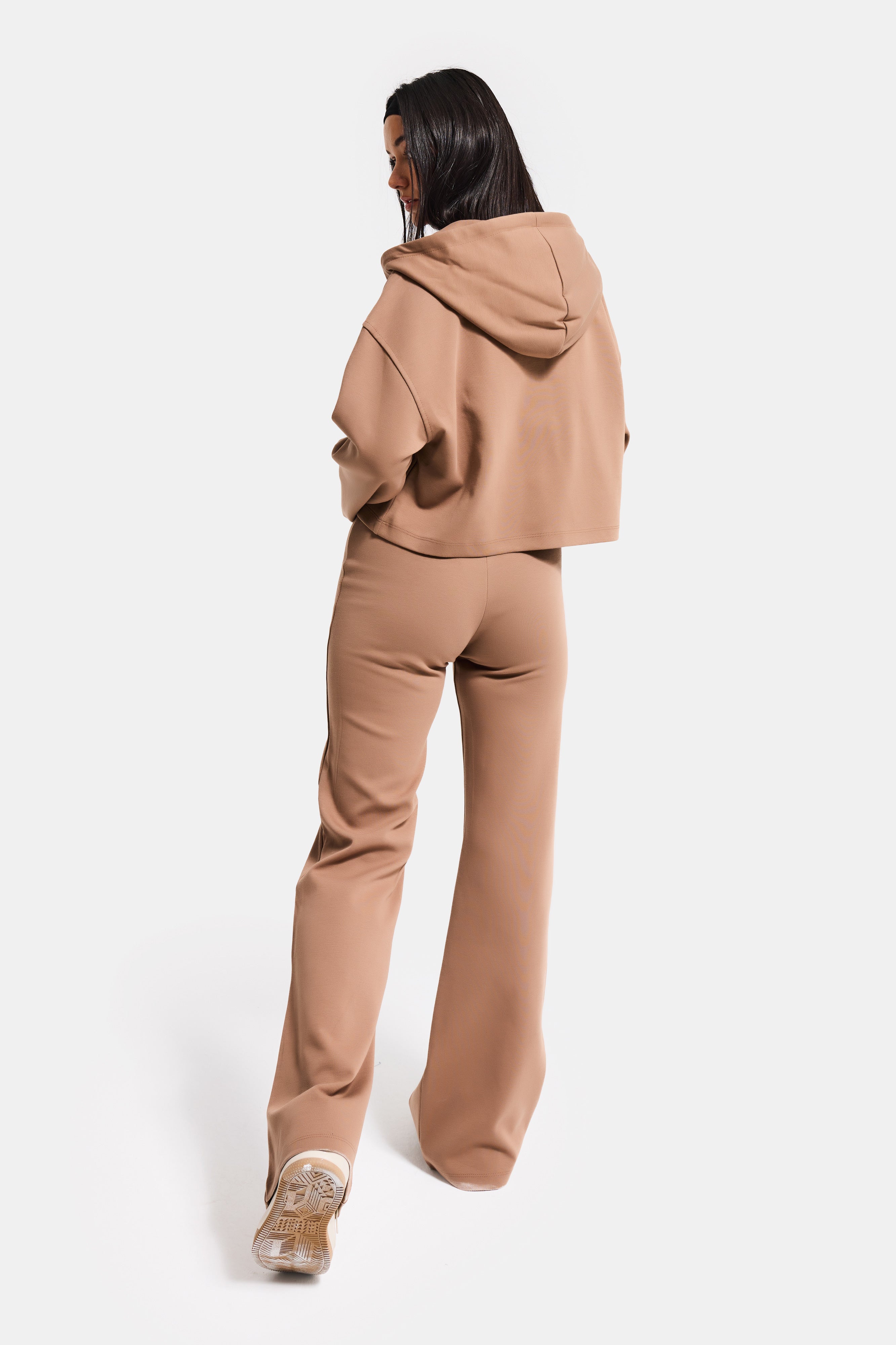 Kadın Kahve s6-16 Örme Kumaş Flare Eşofman Büstiyer ve Fermuarlı Sweatshirt 3'lü Kombin Takım