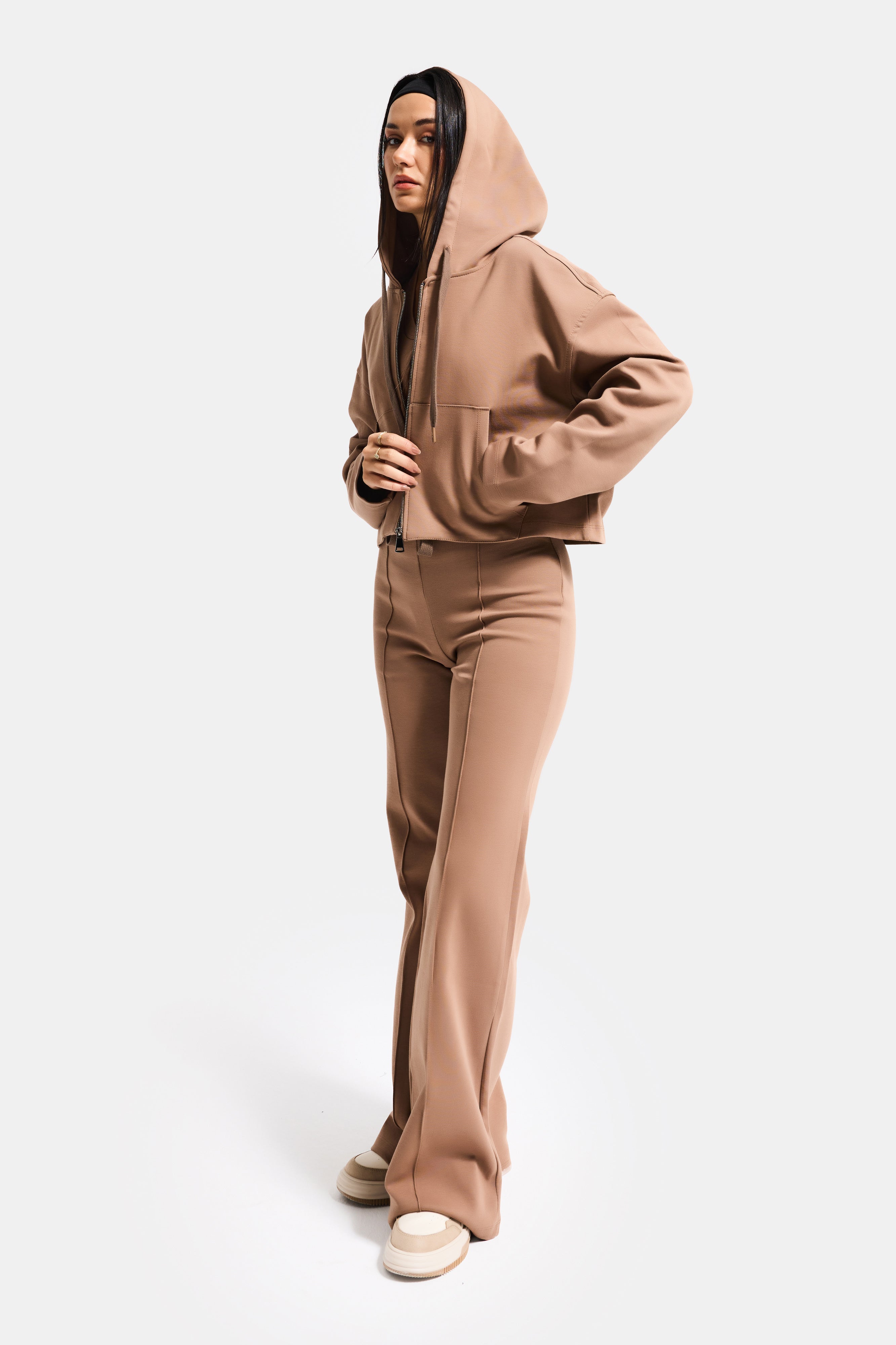 Kadın Kahve s6-16 Örme Kumaş Flare Eşofman Büstiyer ve Fermuarlı Sweatshirt 3'lü Kombin Takım