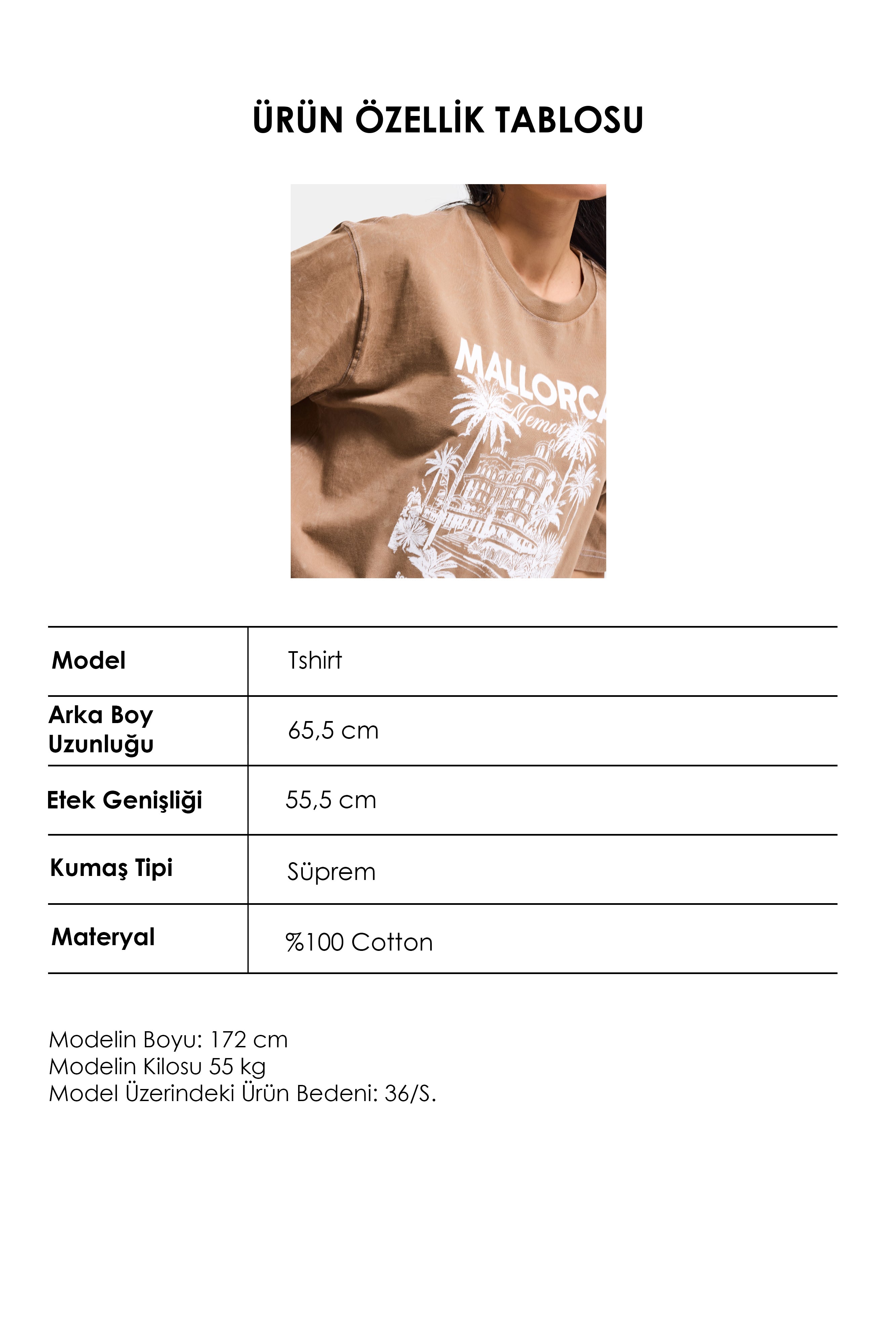 Kadın Kahve s6-16 Oversize Mallorca Baskılı %100 Koton T-Shirt