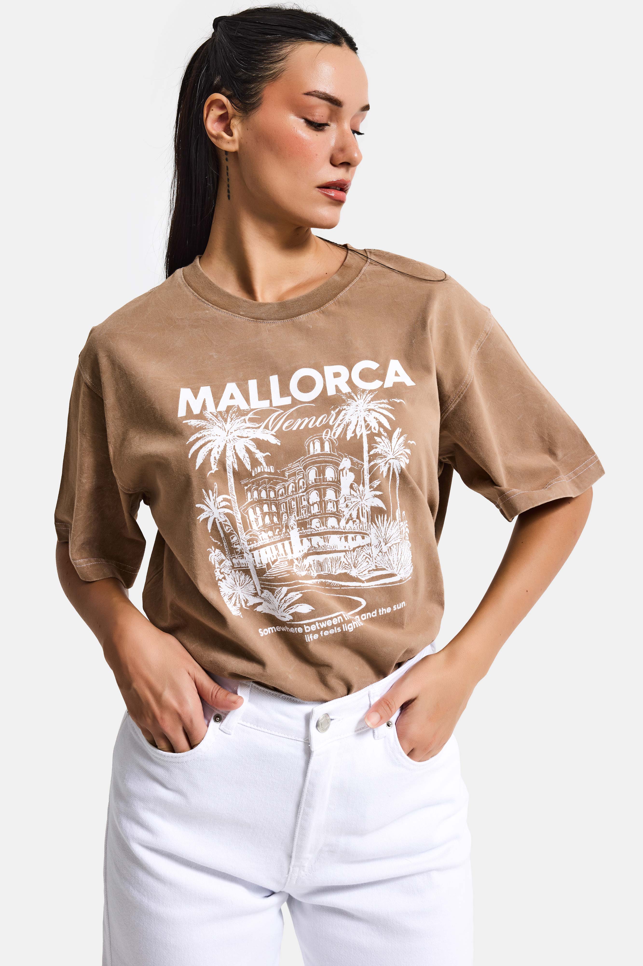 Kadın Kahve s6-16 Oversize Mallorca Baskılı %100 Koton T-Shirt