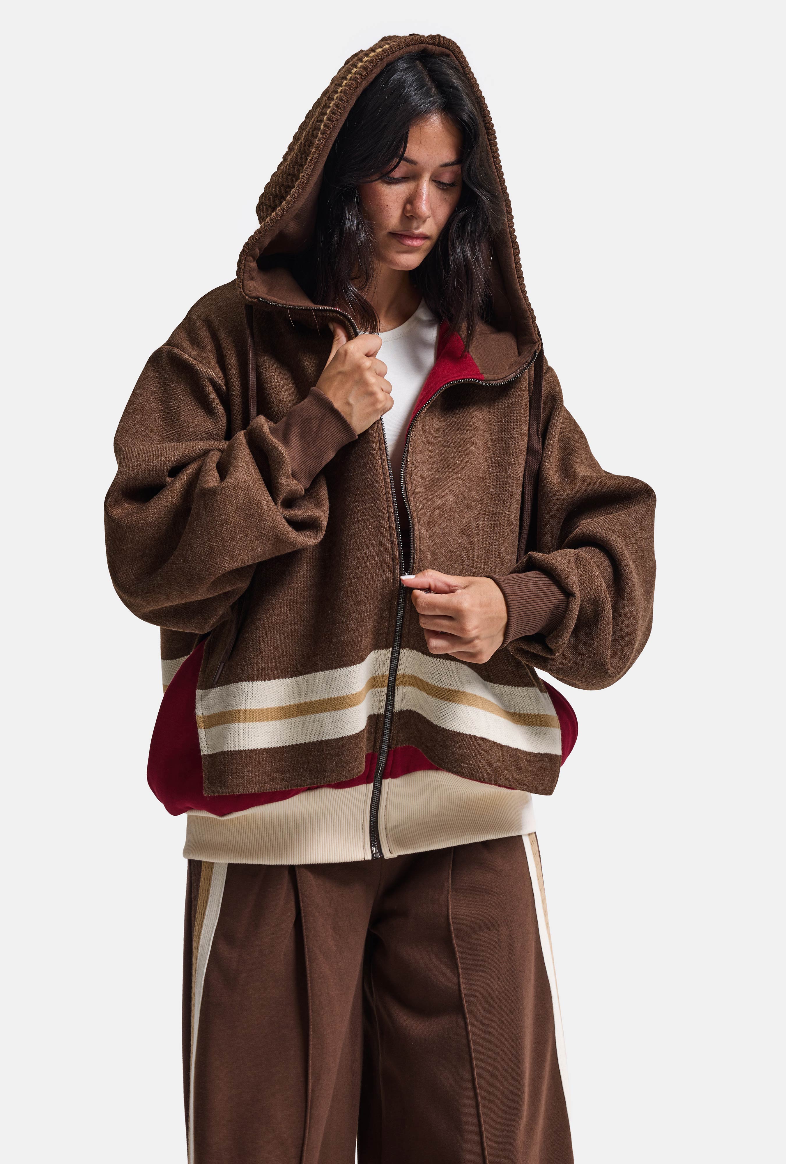 Kadın Kahve w6-16 Üst Sweatshirt Polar Alt Eşofman Pantolon 2'li Tasarım Takım