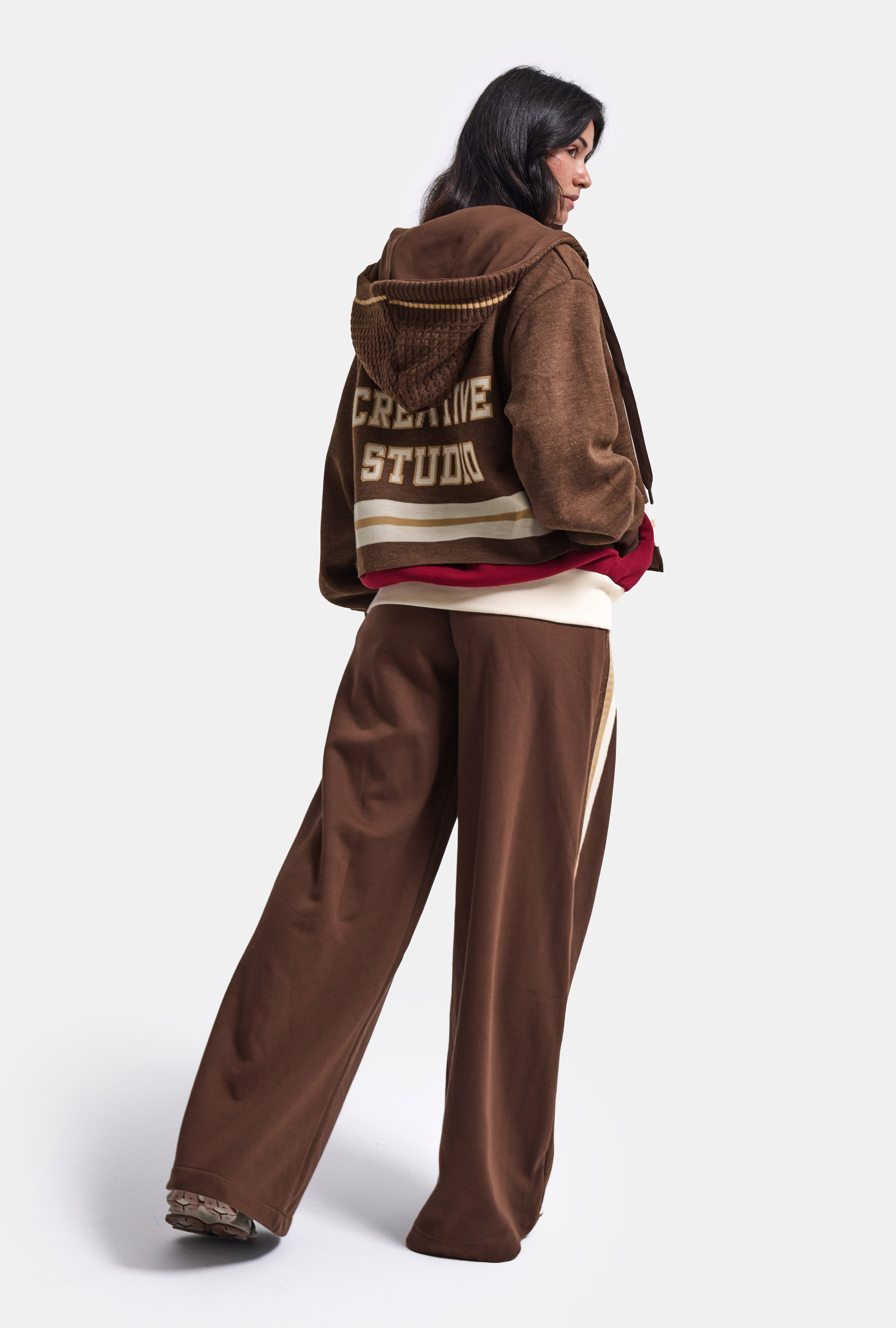 Kadın Kahve w6-16 Üst Sweatshirt Polar Alt Eşofman Pantolon 2'li Tasarım Takım