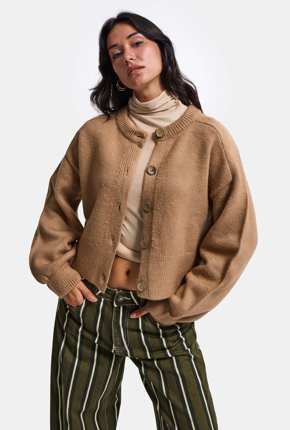 Kadın Kahve w6-172 Oversize Düğmeli Kazak Hırka