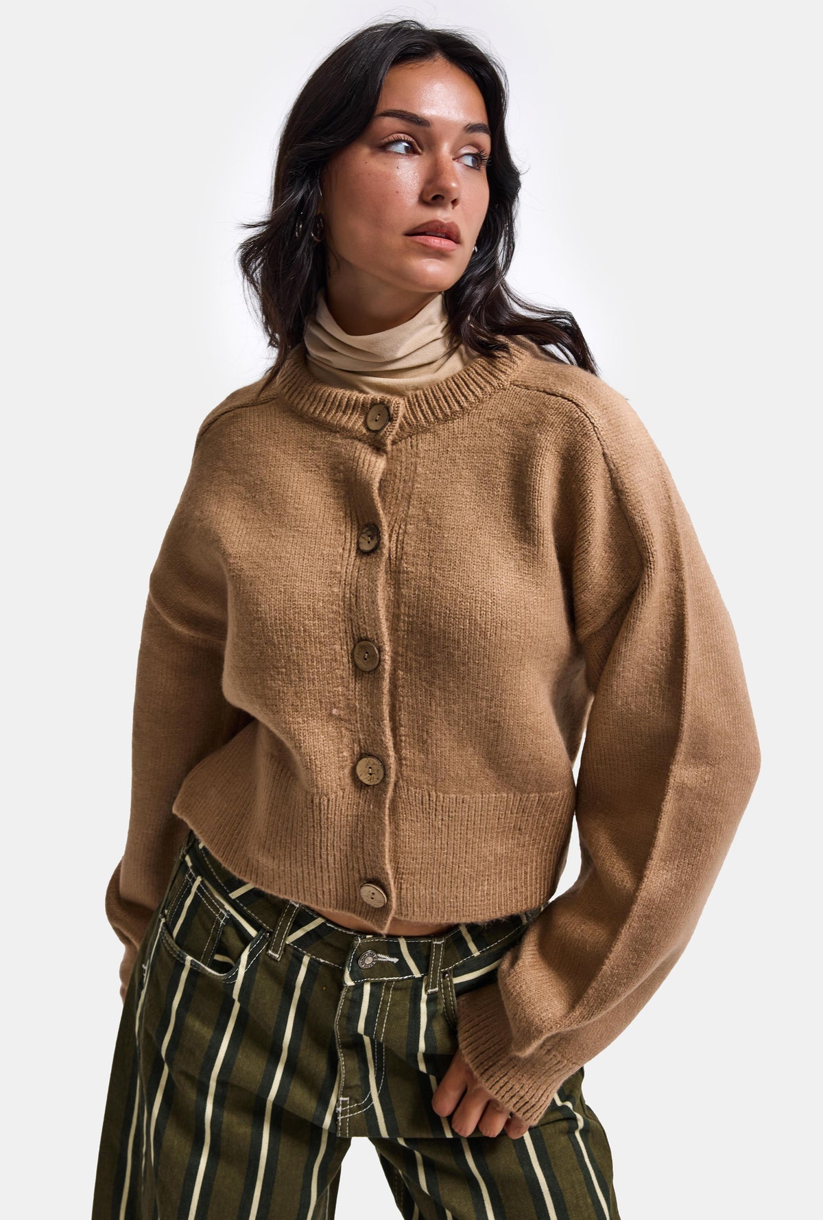Kadın Kahve w6-172 Oversize Düğmeli Kazak Hırka