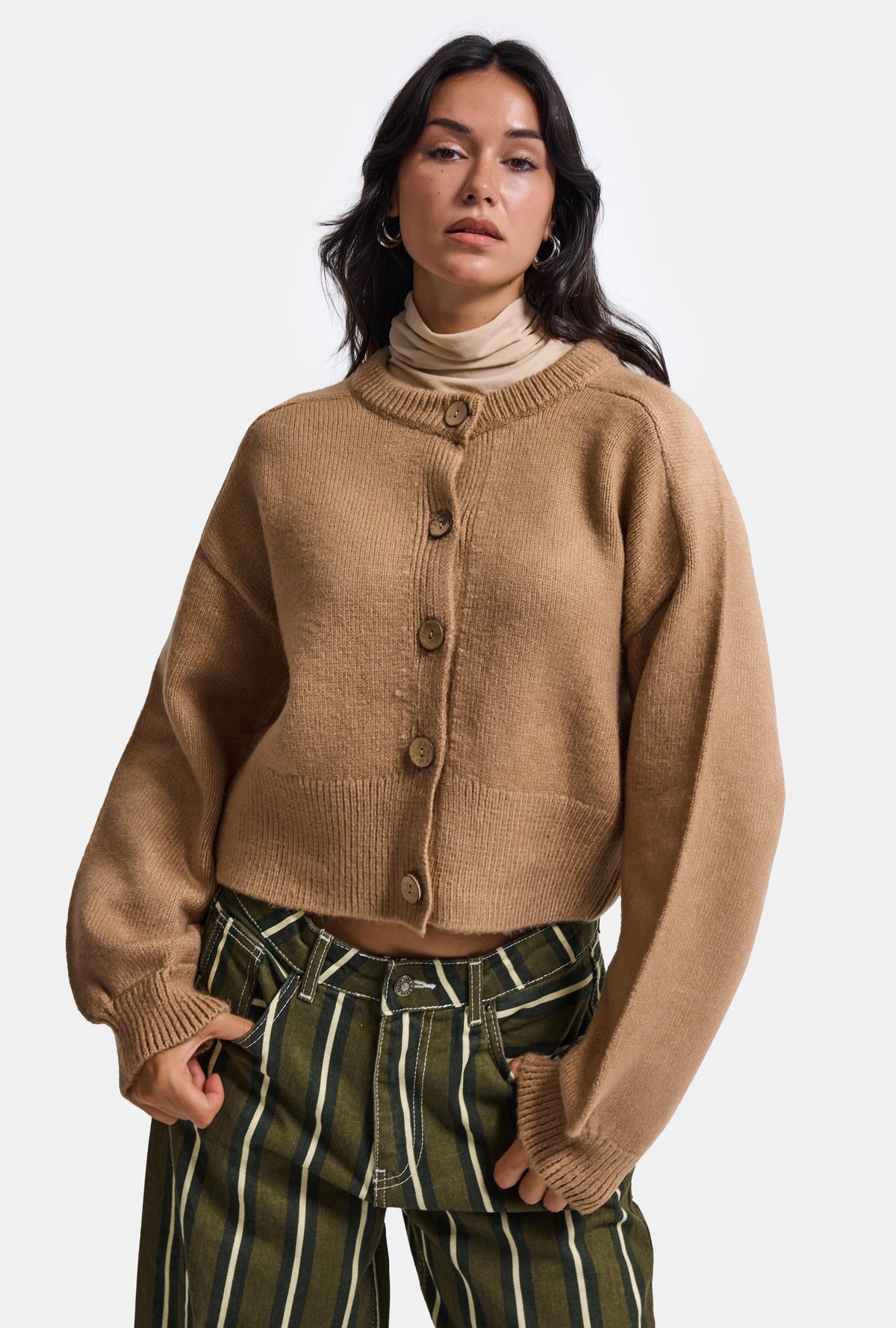 Kadın Kahve w6-172 Oversize Düğmeli Kazak Hırka