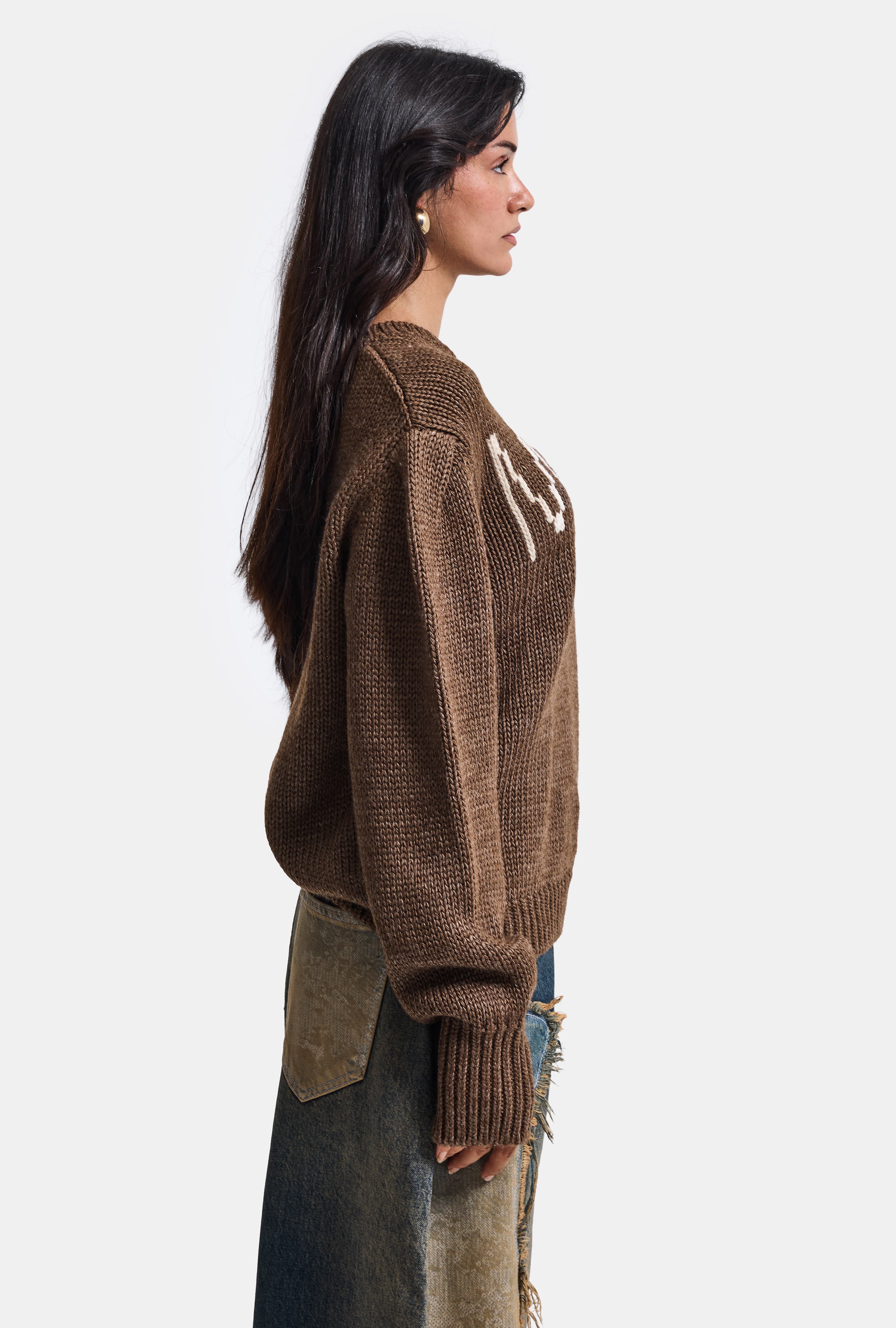 Kadın Kahve w6-81 Mogul Nakışlı Oversize Tasarım Triko Kazak