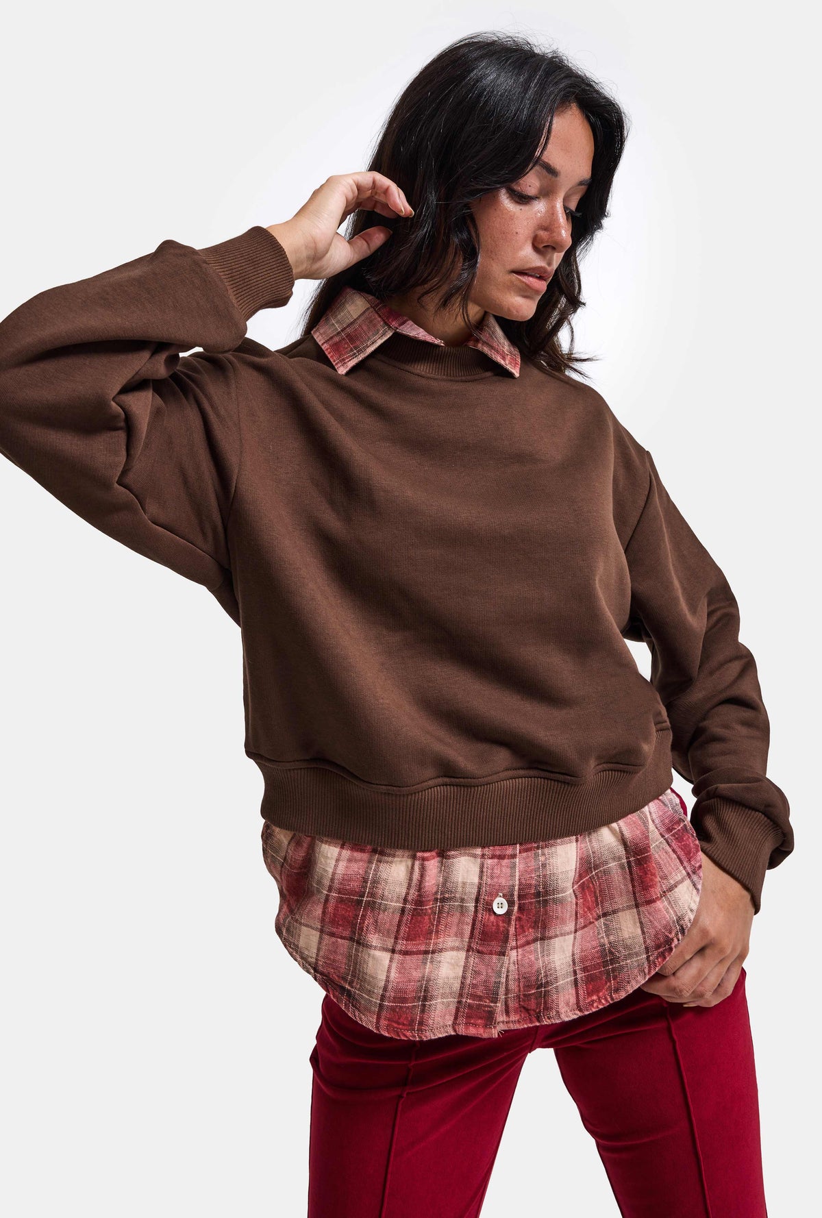 Kadın Kahve w6-81 Oversize Ekose Gömlek Detaylı Tasarım Sweatshirt