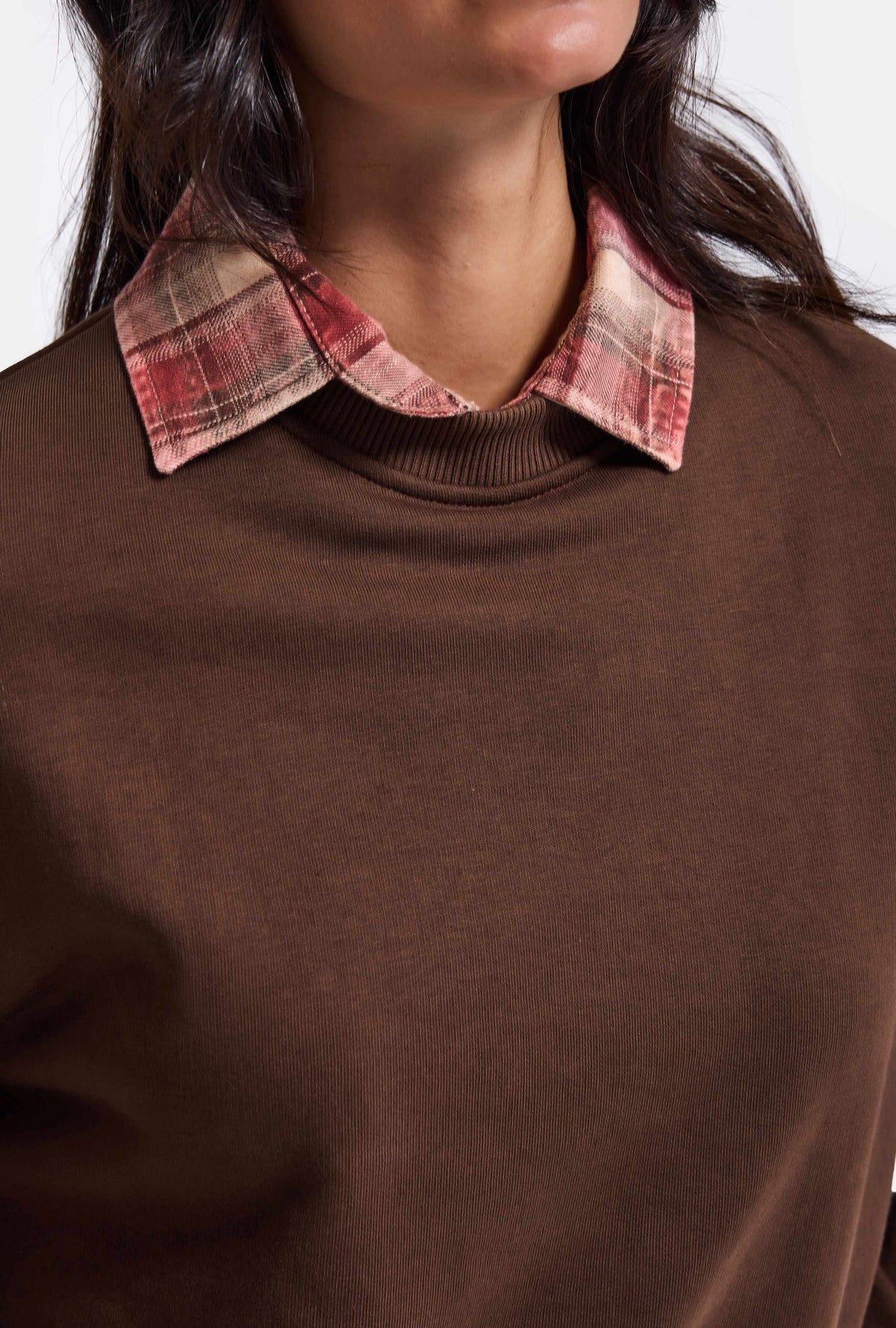 Kadın Kahve w6-81 Oversize Ekose Gömlek Detaylı Tasarım Sweatshirt