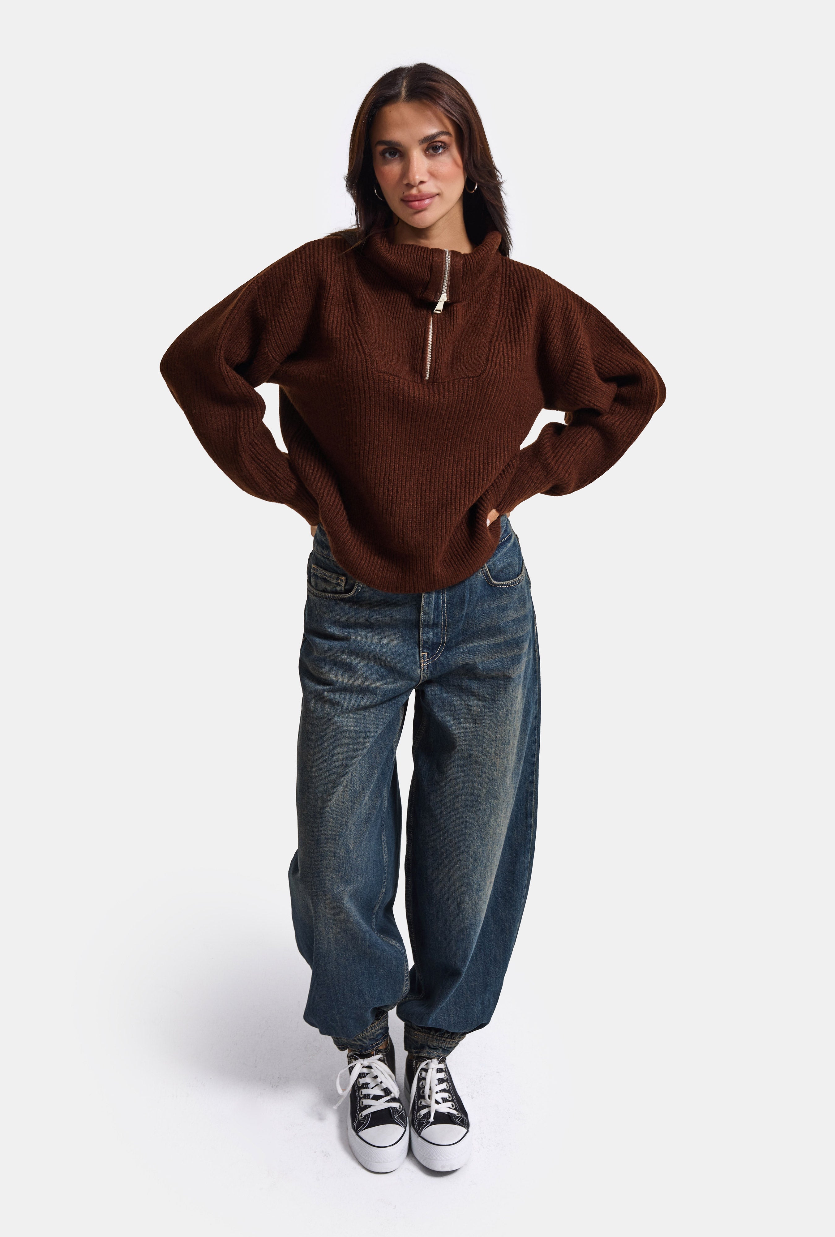 Kadın Kahve w6-81 Oversize Fermuarlı Triko Kazak