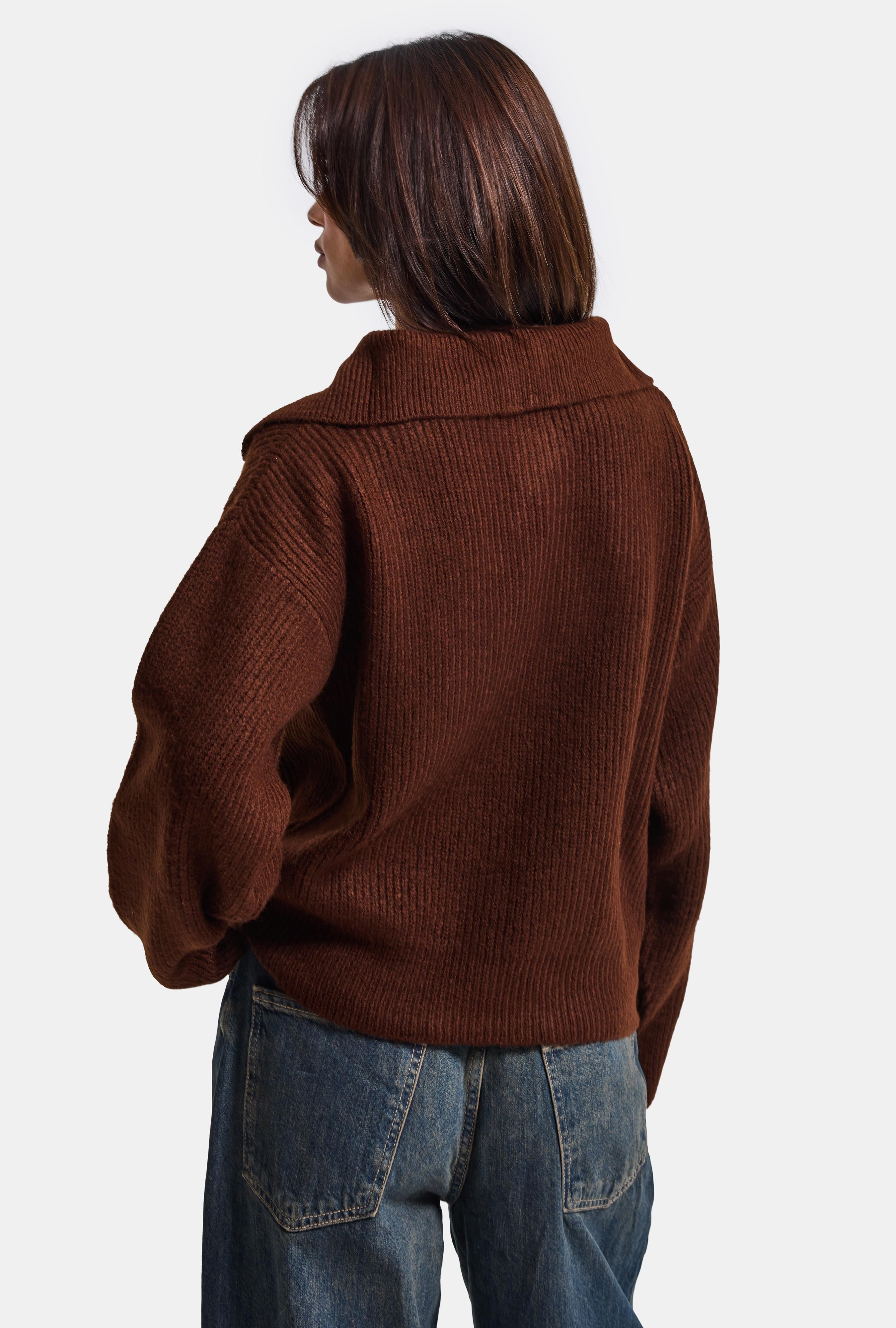 Kadın Kahve w6-81 Oversize Fermuarlı Triko Kazak