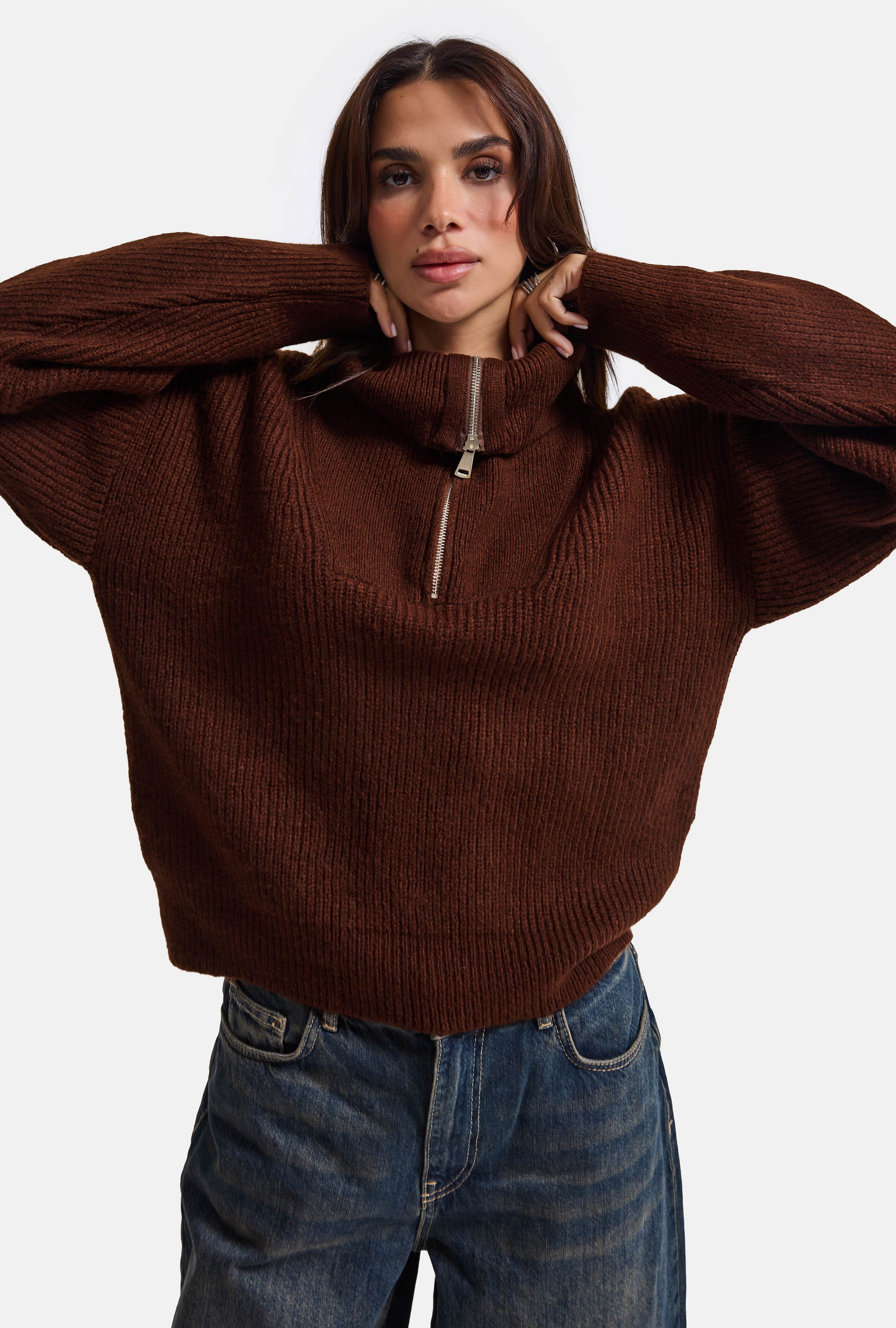 Kadın Kahve w6-81 Oversize Fermuarlı Triko Kazak