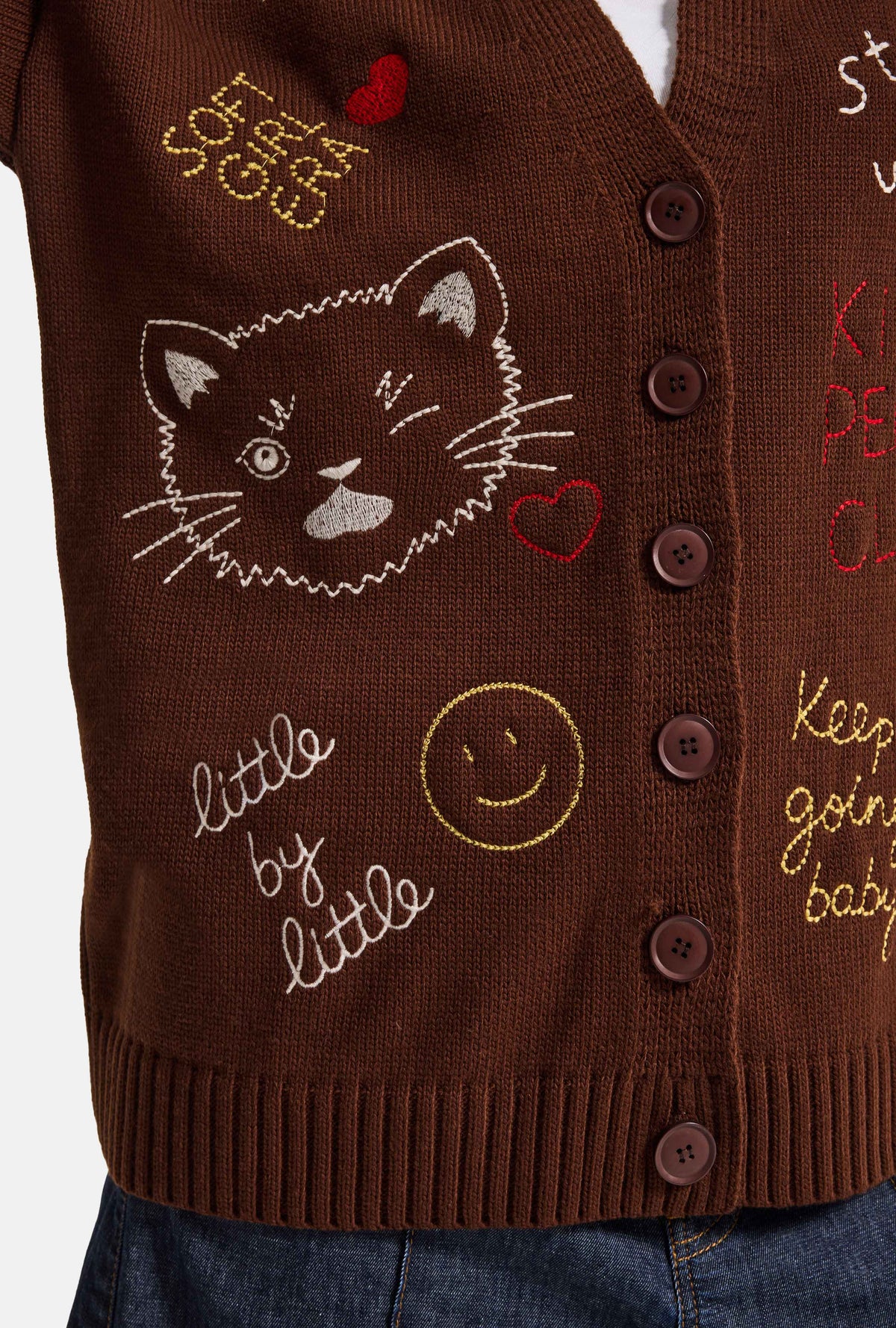 Kadın Kahve w6-81 Oversize Nakış Özel Desen Tasarım Düğmeli Hırka