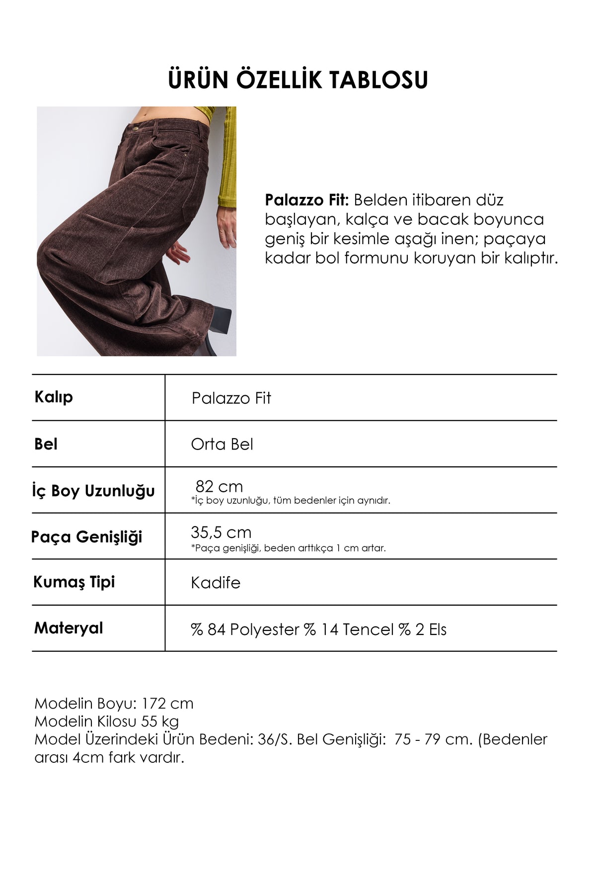 Kadın Kahve w6-81 Palazzo Fit Pürüzsüz Velvet Kadife Kumaş Pantolon