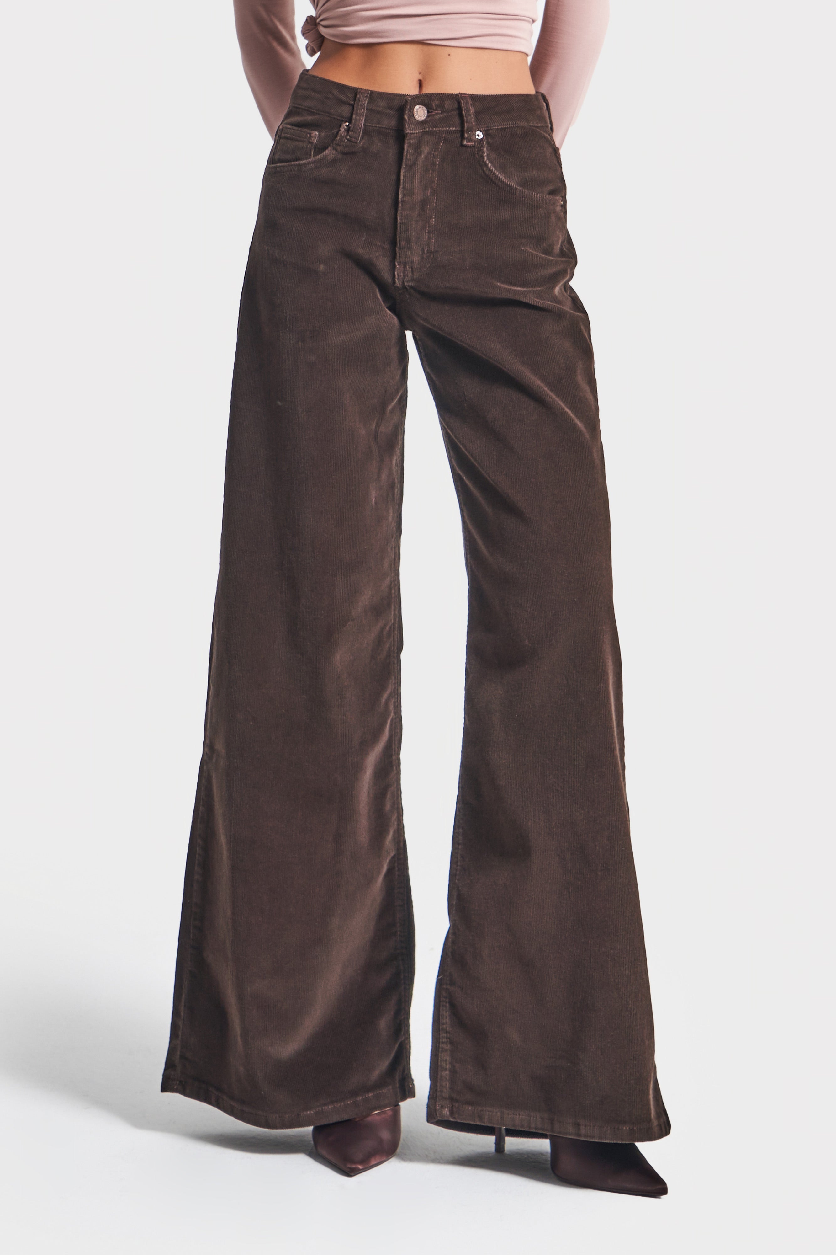 Kadın Kahverengi 26w5-136 Palazzo Fit Esnek İnce Fitilli Velvet Kadife Kumaş Pantolon