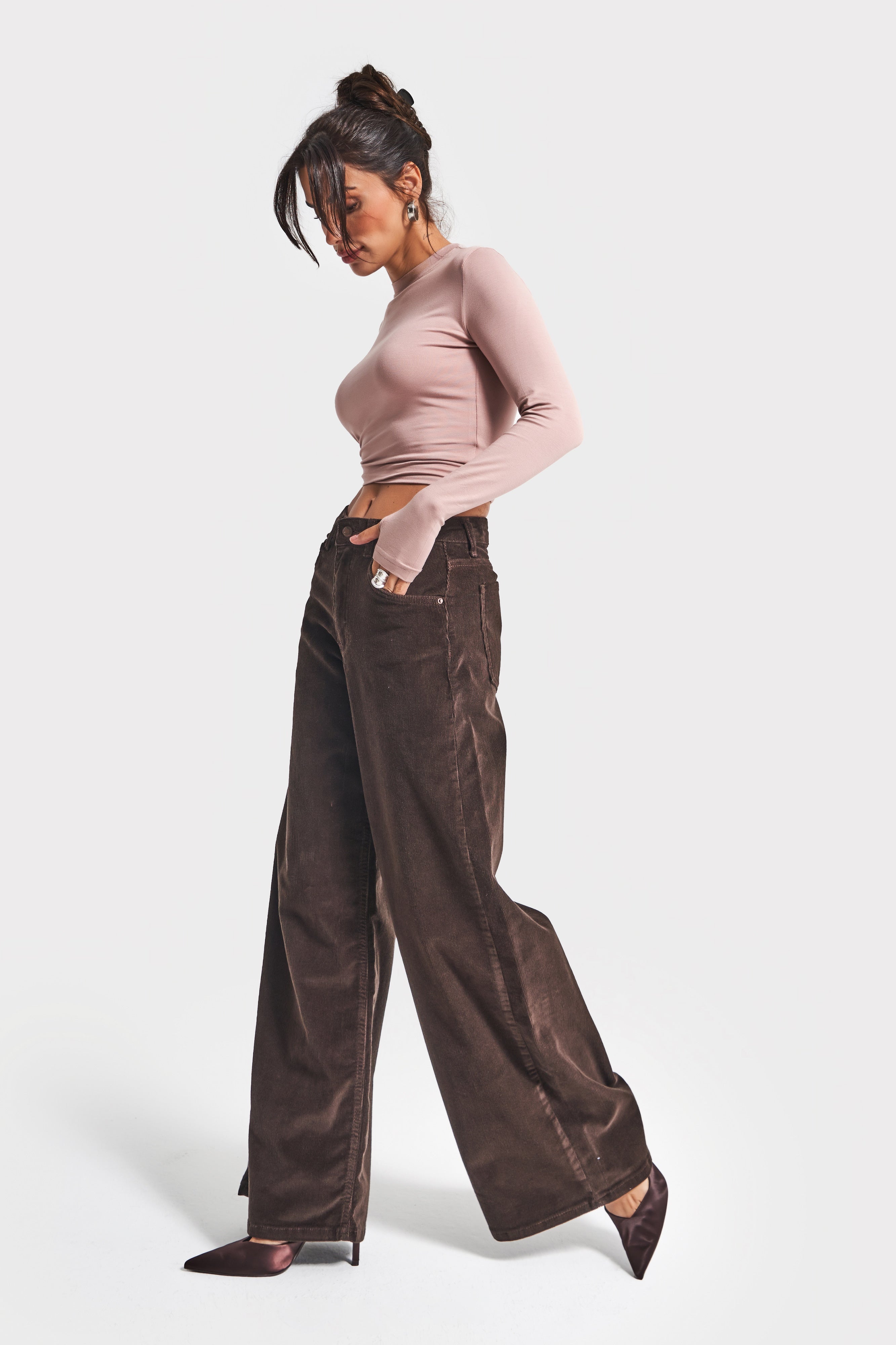 Kadın Kahverengi 26w5-136 Palazzo Fit Esnek İnce Fitilli Velvet Kadife Kumaş Pantolon