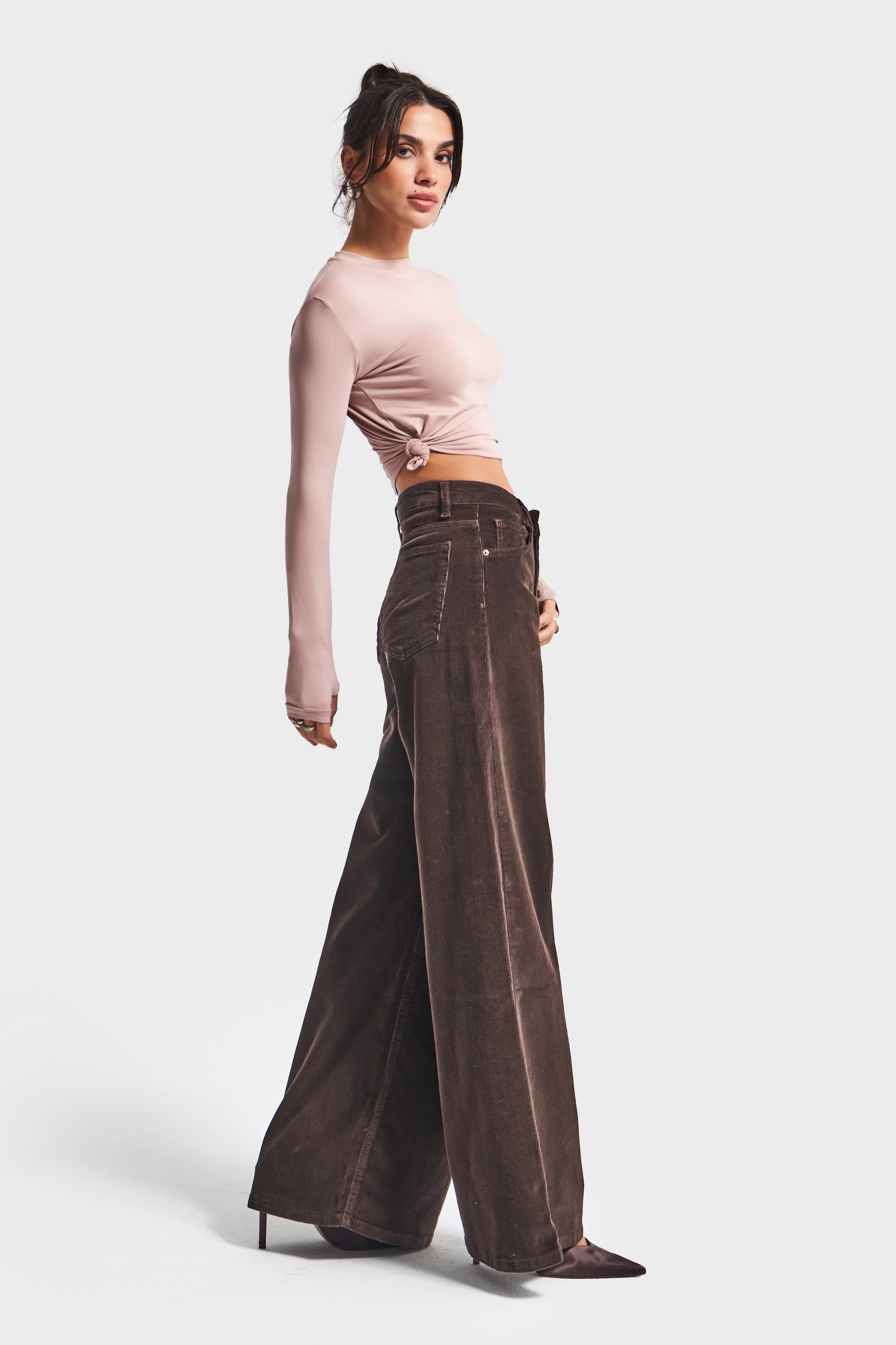 Kadın Kahverengi 26w5-136 Palazzo Fit Esnek İnce Fitilli Velvet Kadife Kumaş Pantolon