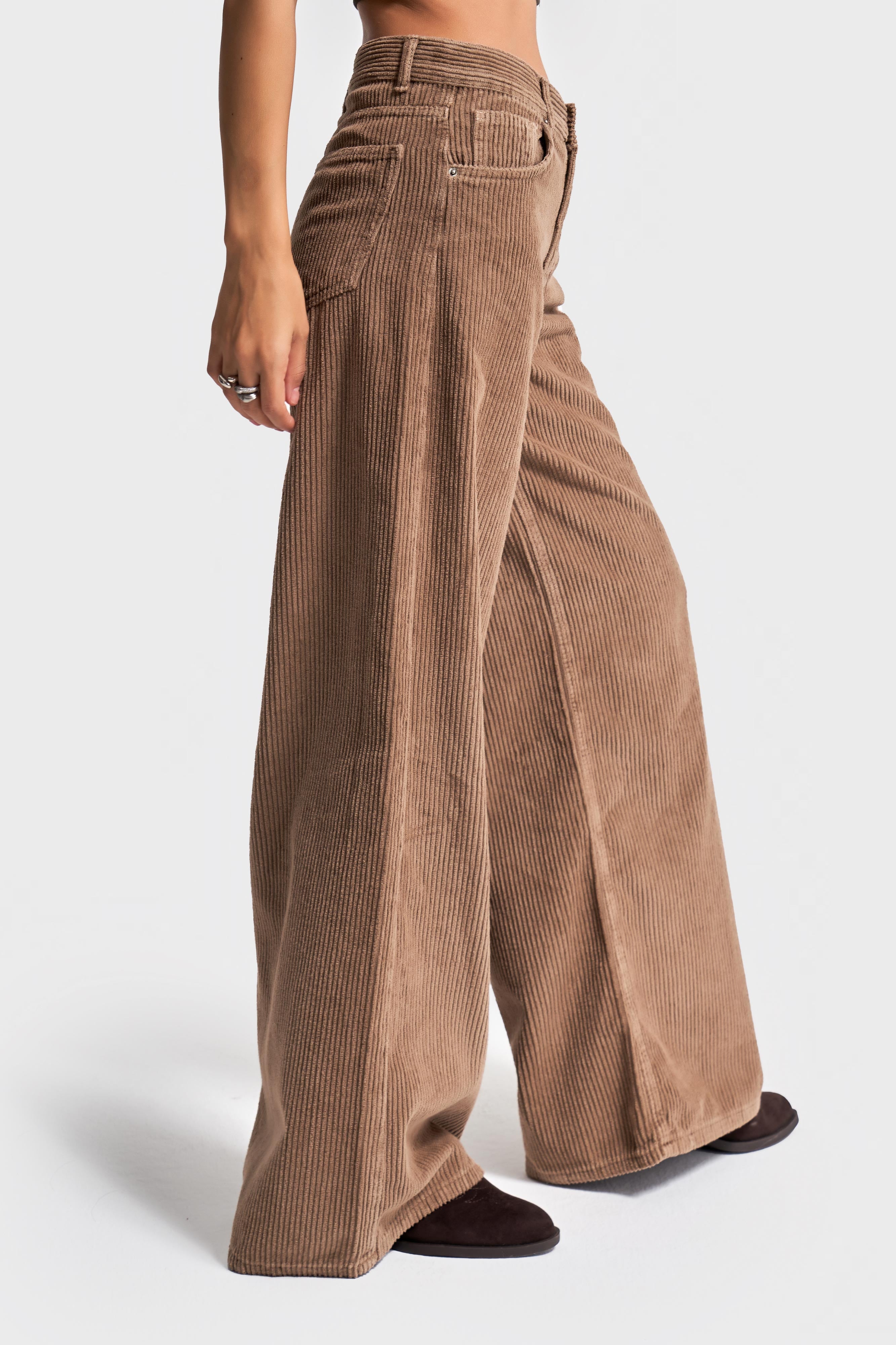 Kadın Kahverengi Hera 29w5-29 Palazzo Fit Kalın Fitilli Velvet Kadife Kumaş Pantolon