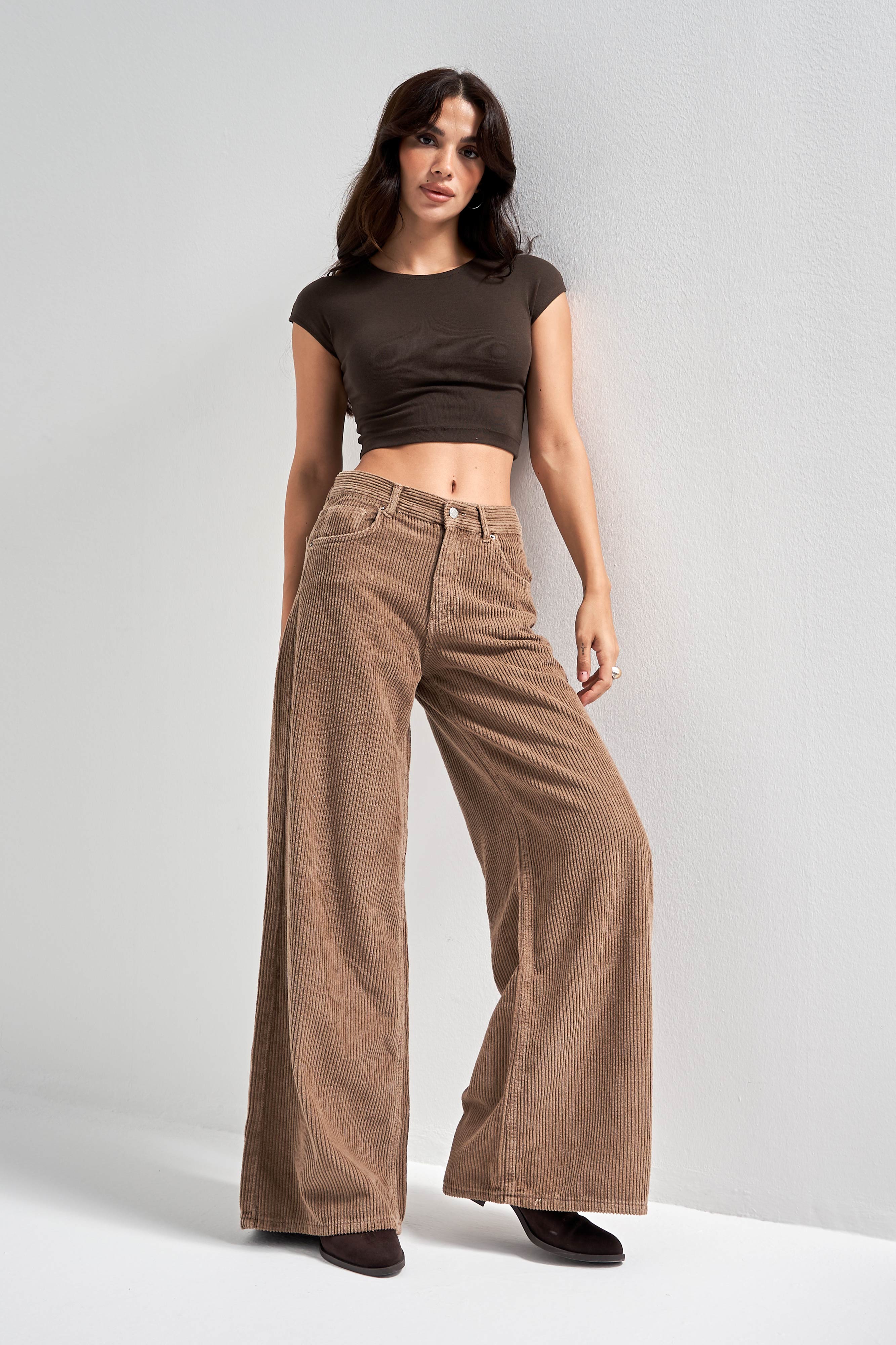 Kadın Kahverengi Hera 29w5-29 Palazzo Fit Kalın Fitilli Velvet Kadife Kumaş Pantolon