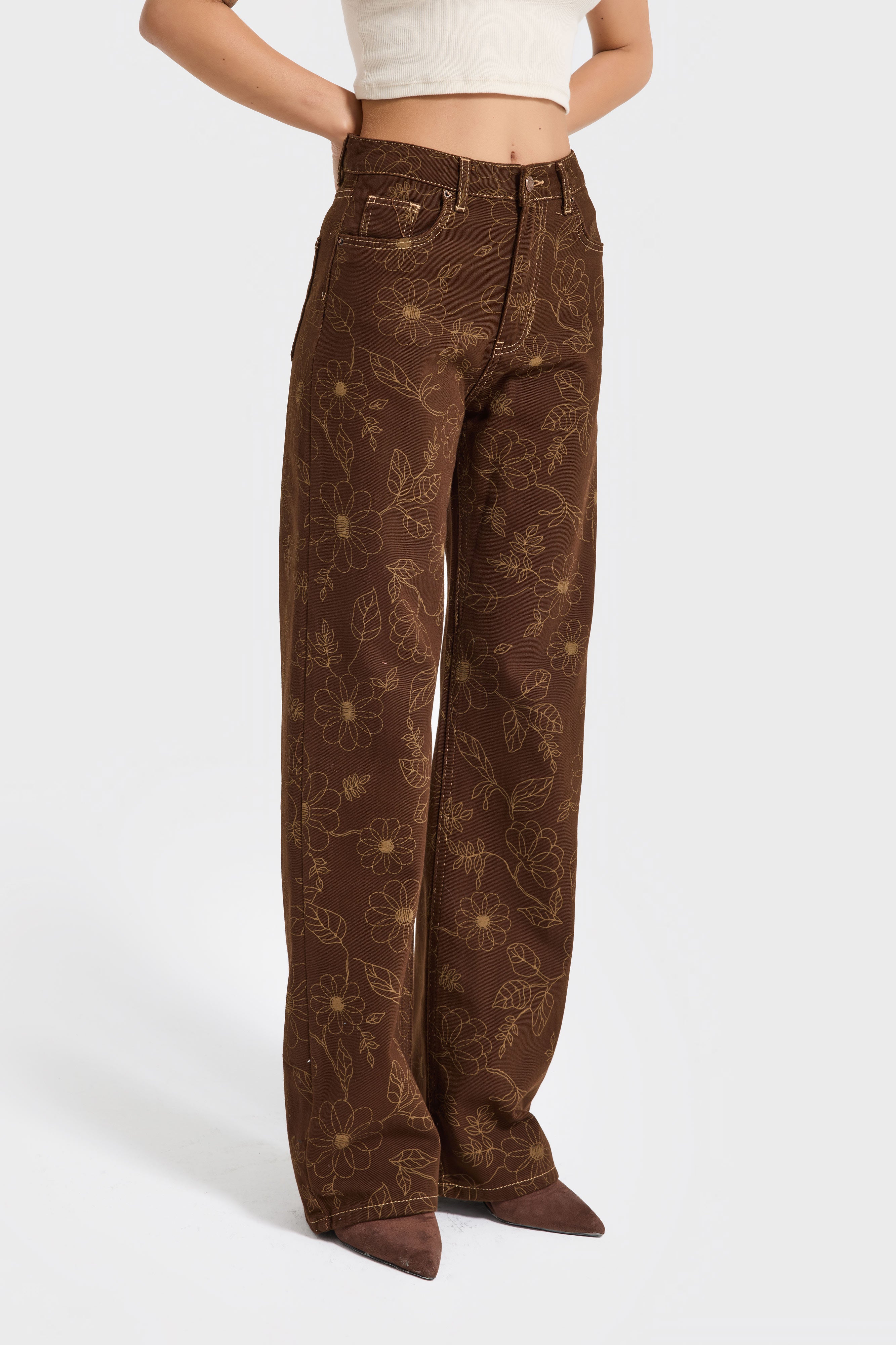 Kadın Kahverengi 7s6-16 Straight Fit Özel Nakış Detaylı Tasarım Denim Jean