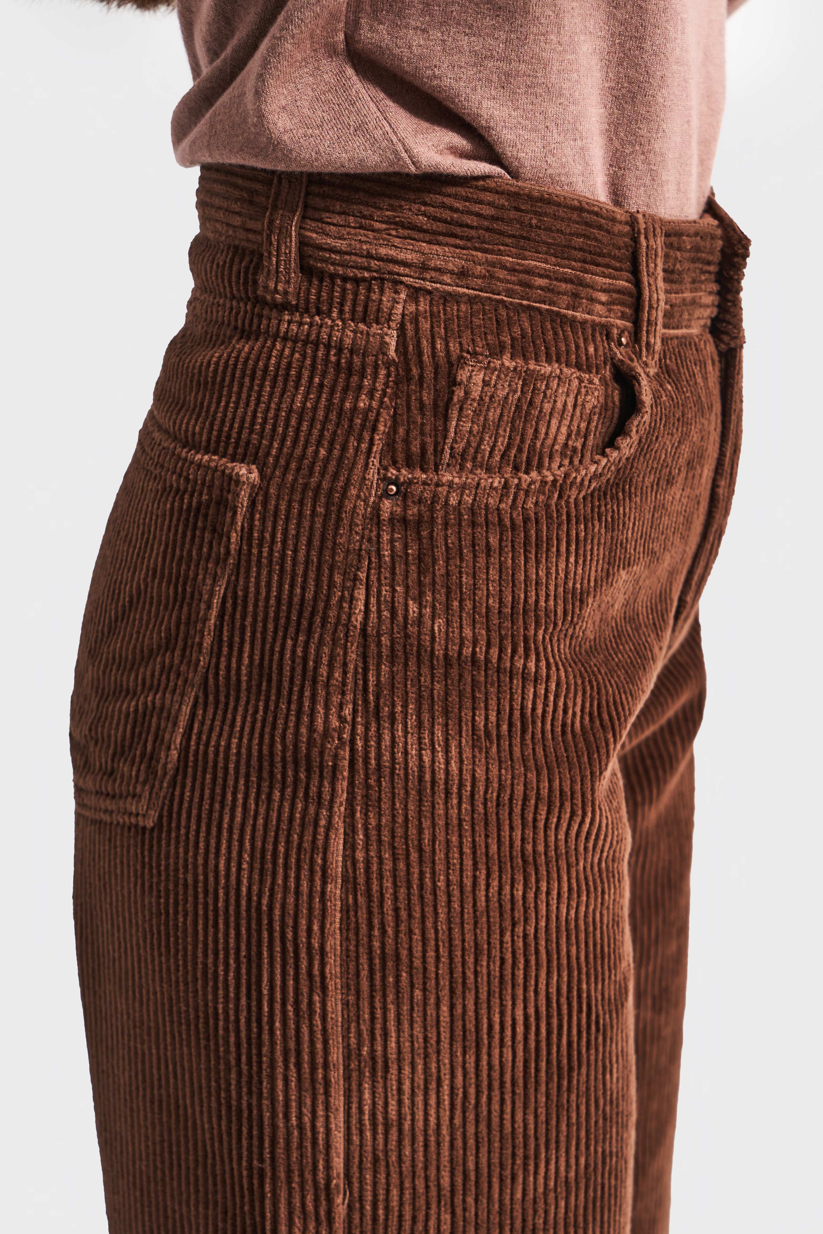 Kadın Kahverengi Doris 26w5-42 Straight Fit Yüksek Bel İç Boy 80cm Kalın Fitilli Kadife Velvet Kumaş Pantolon