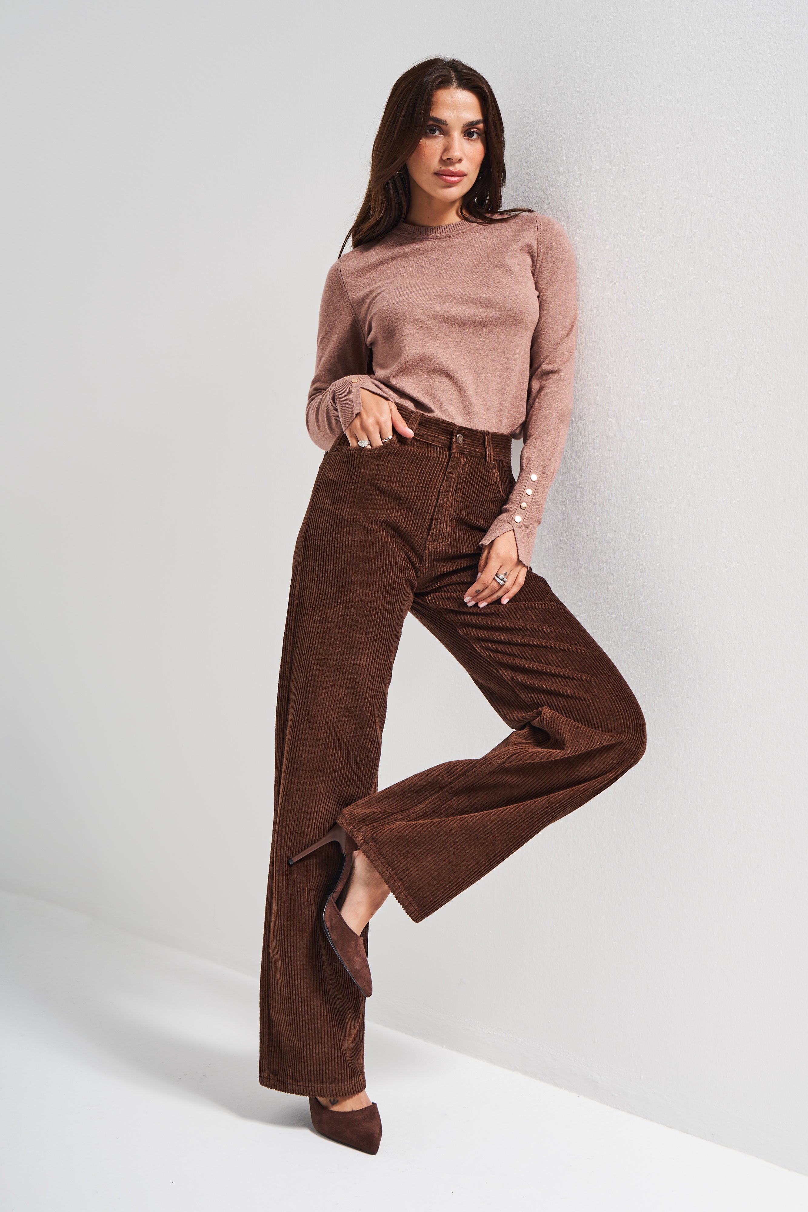 Kadın Kahverengi Doris 26w5-42 Straight Fit Yüksek Bel İç Boy 80cm Kalın Fitilli Kadife Velvet Kumaş Pantolon