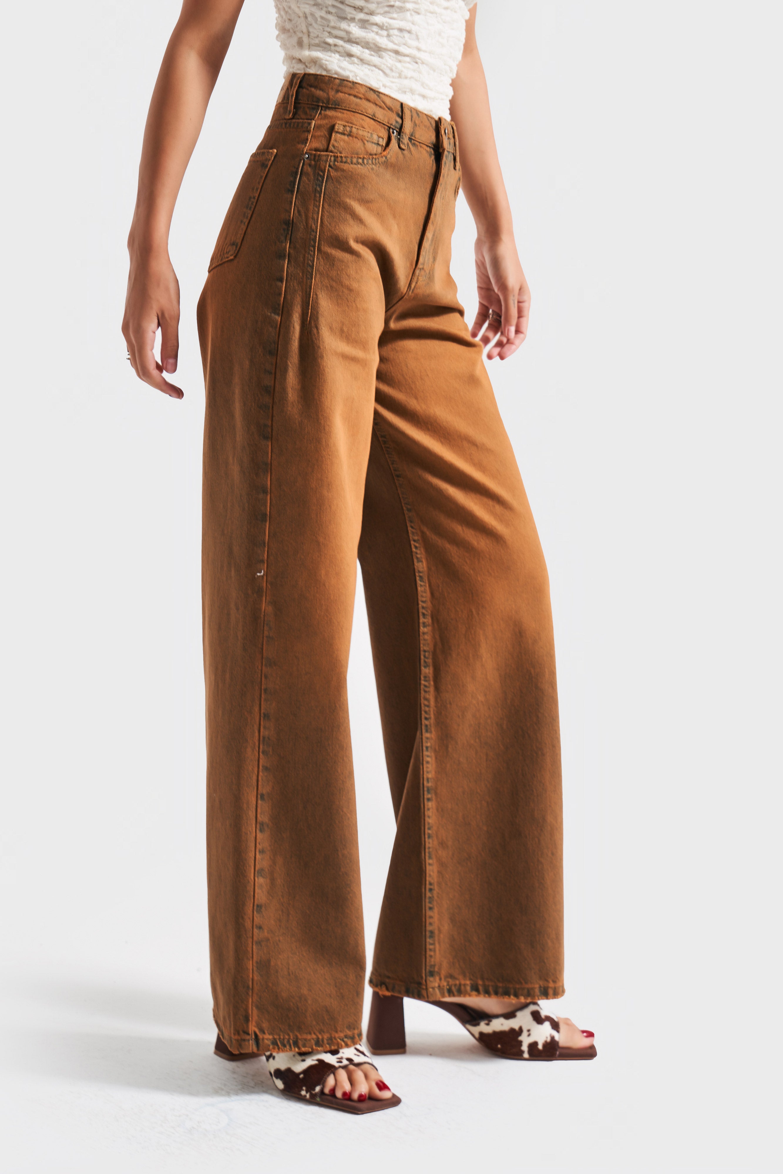 Kadın Kahverengi Olea 2w5-135 Wide Leg Fit %100 Koton İç Boy 80cm Denim Jean