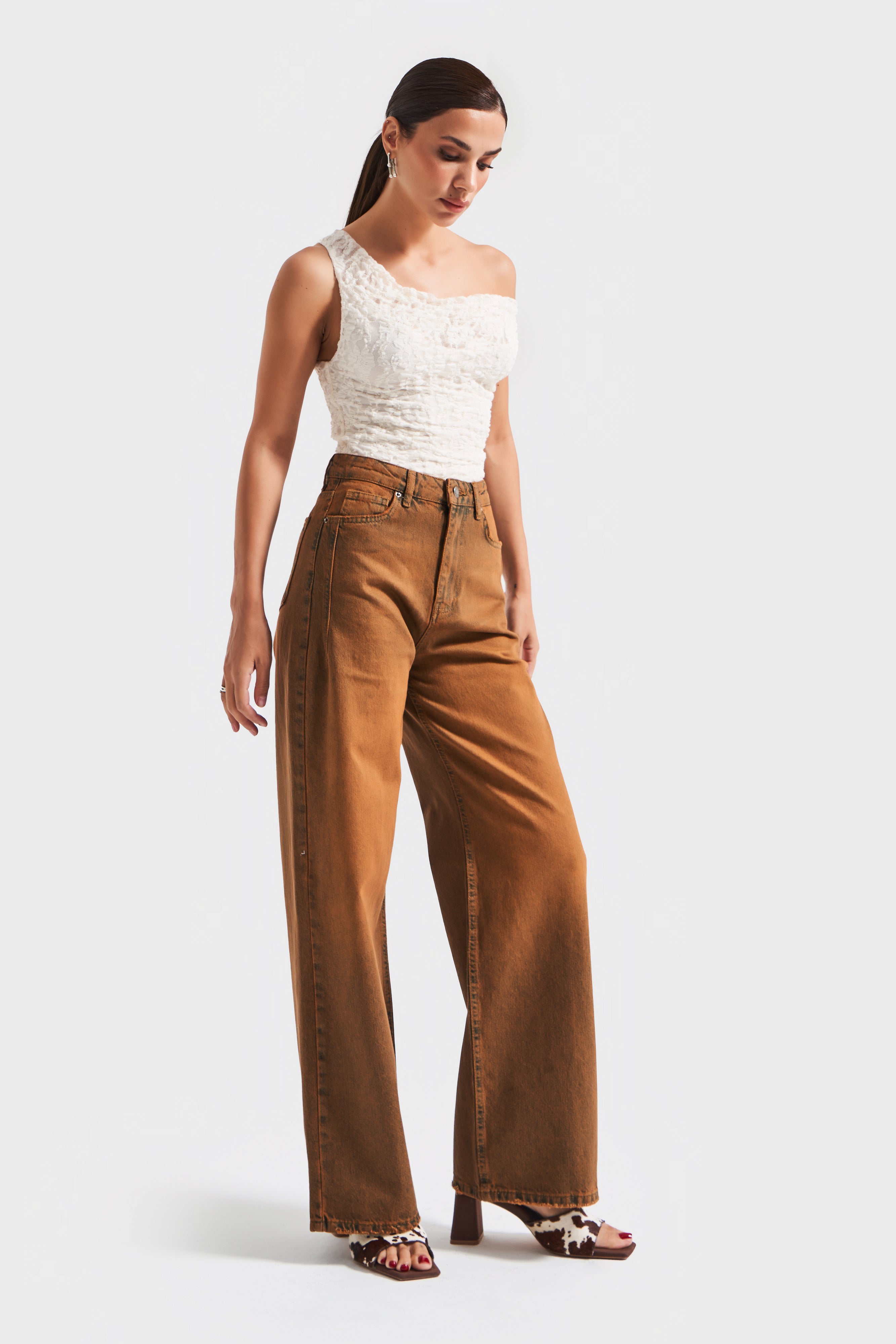 Kadın Kahverengi Olea 2w5-135 Wide Leg Fit %100 Koton İç Boy 80cm Denim Jean