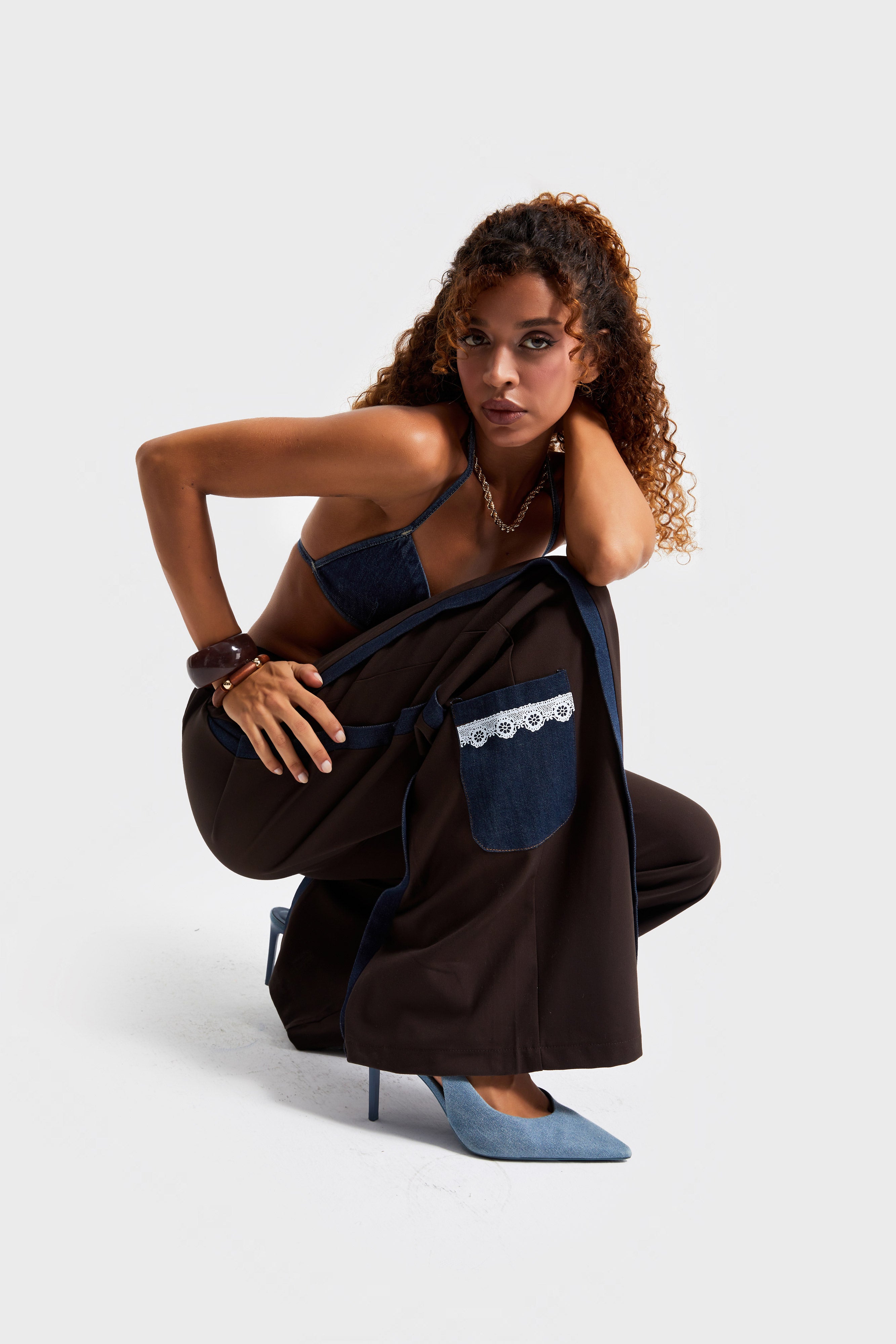 Kadın Kahverengi Palazzo Fit Denim Detaylı Özel Tasarım Pantolon