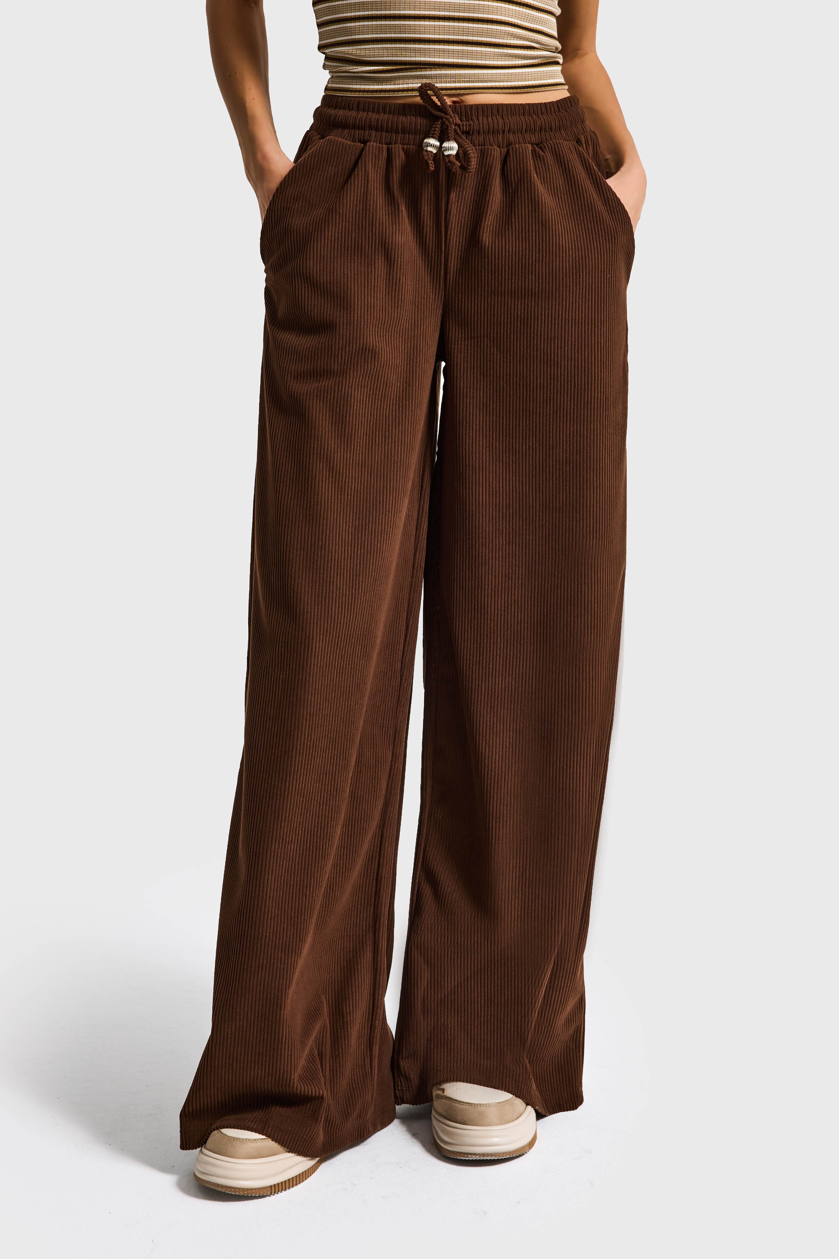 Kadın Kahverengi Palazzo Fit Fitilli Kadife Kumaş Yürüyüş Pantolonu