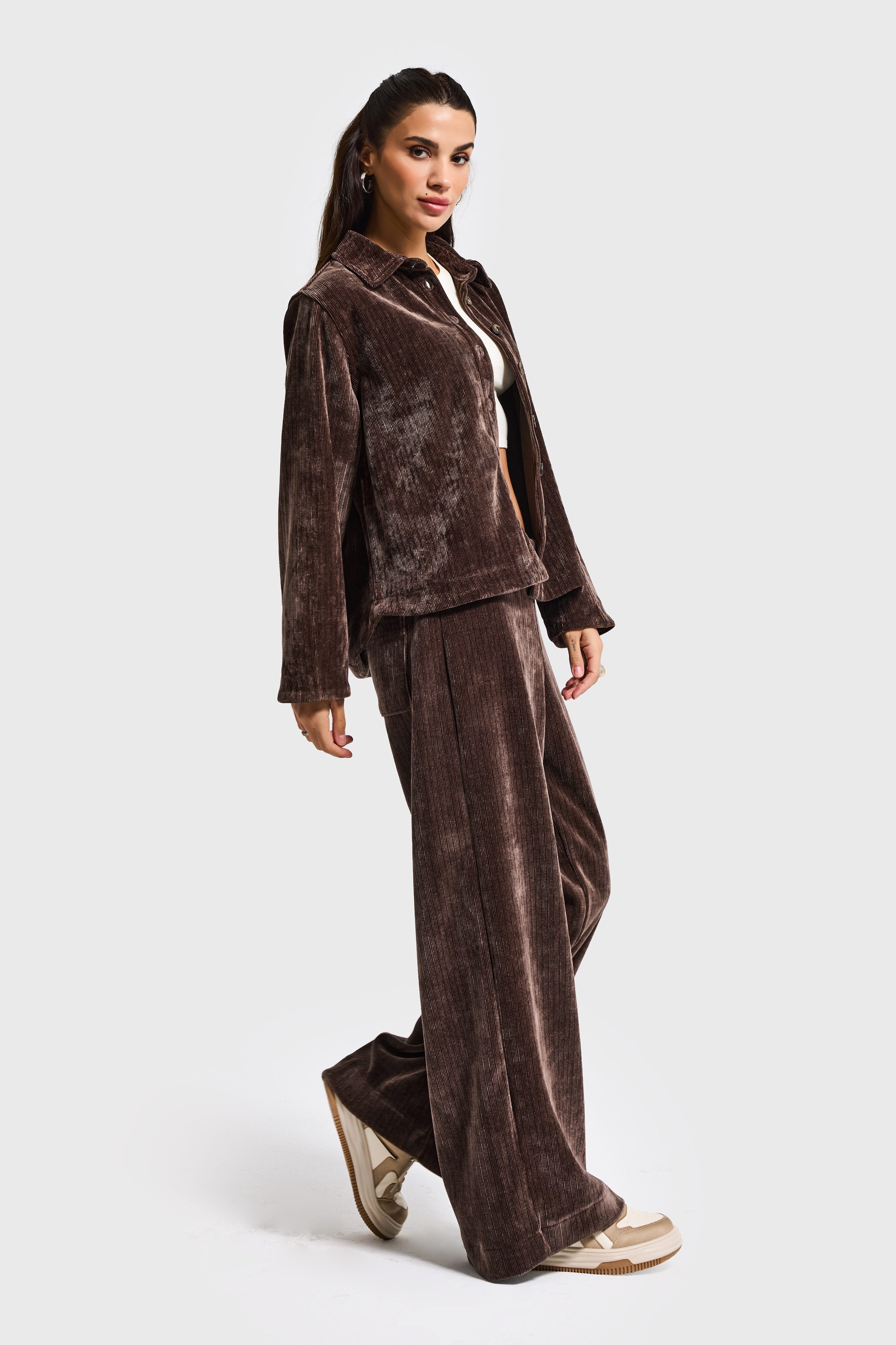 Kadın Kahverengi w5-16 Oversize Velvet Kadife Kumaş Ceket