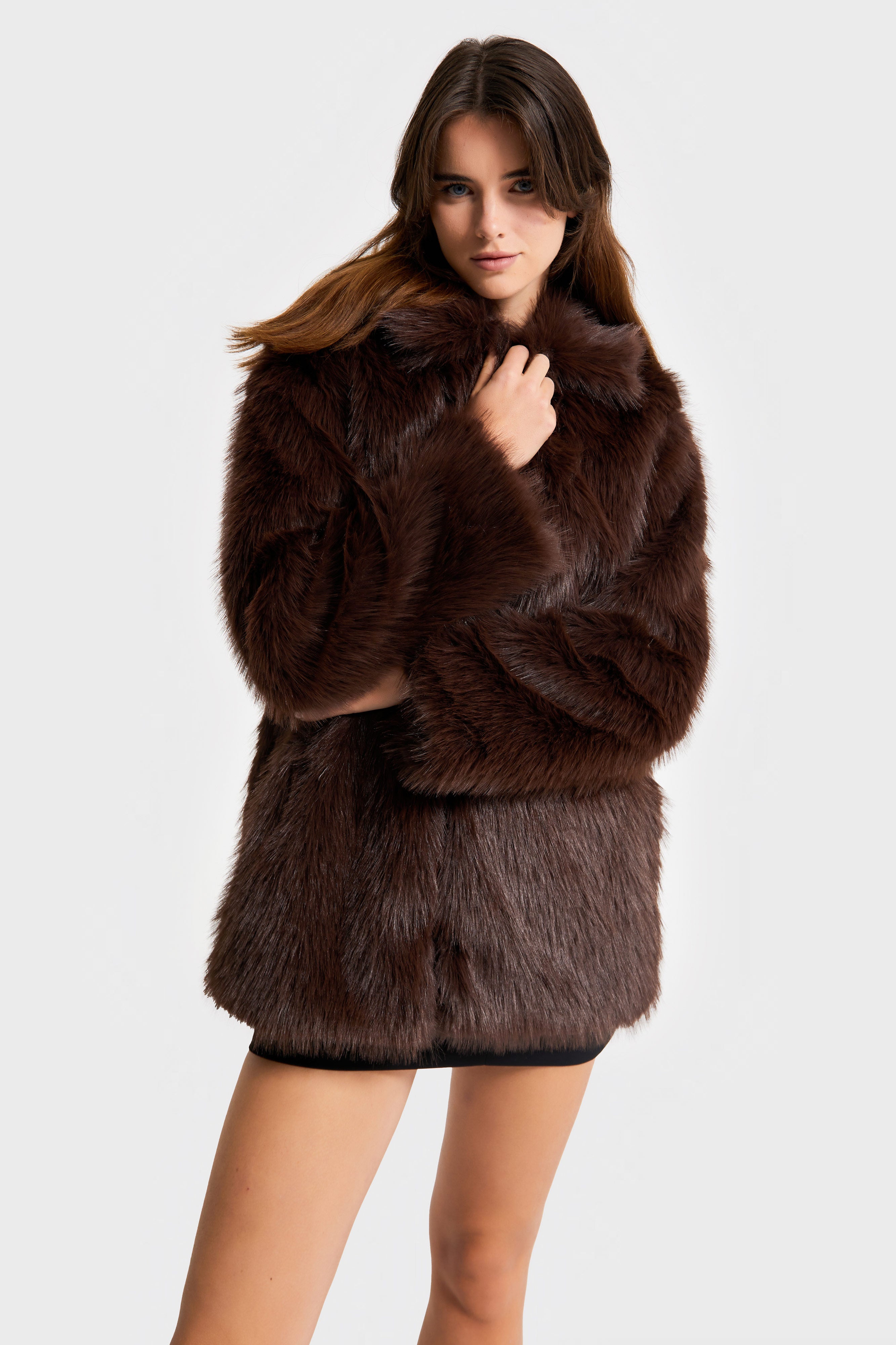 Kadın Kahverengi w5-16 Özel Kumaş Kürk Mont Kaban