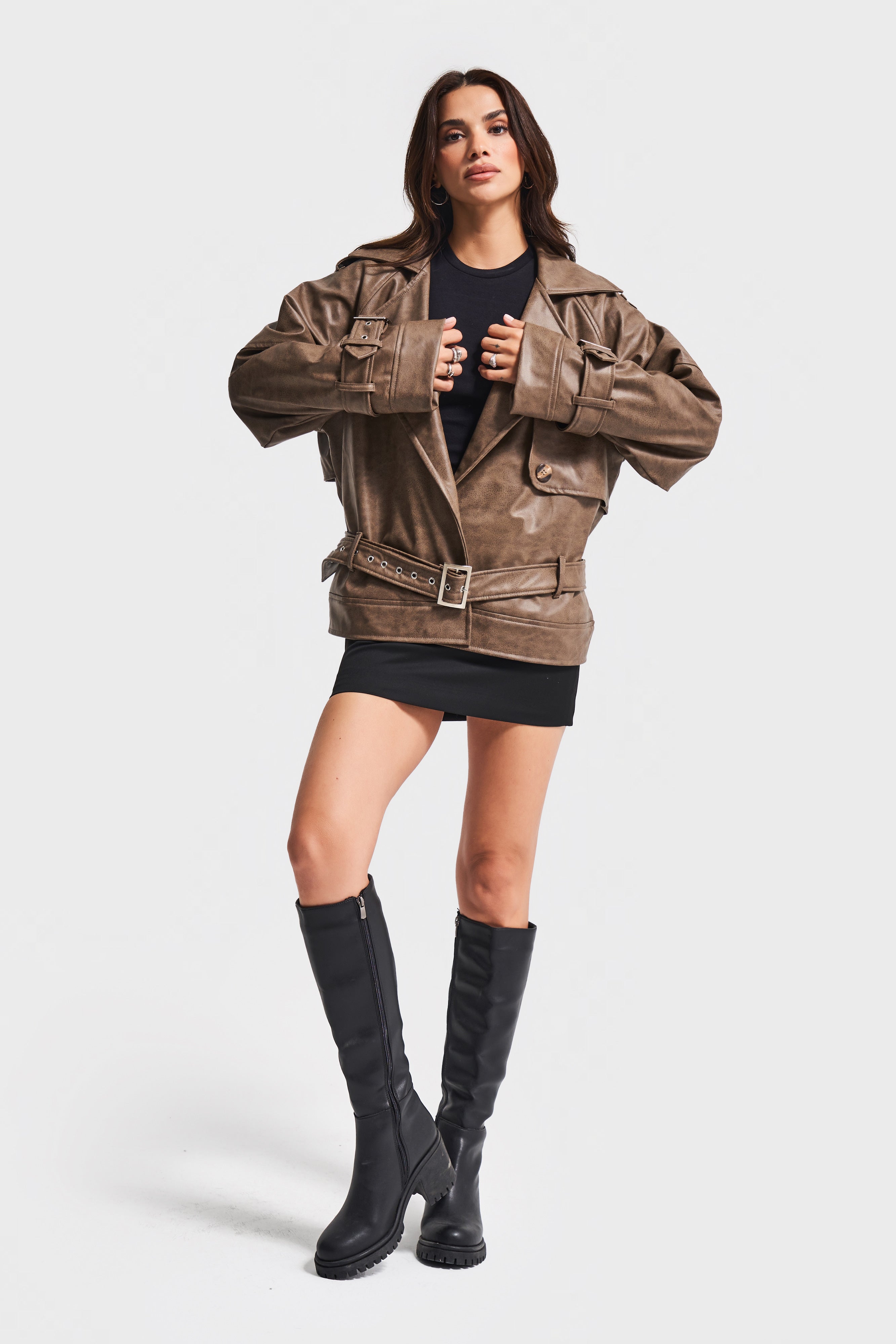 Kadın Kahverengi w5-16 Özel Yıkama Bol Kesim Deri Kumaş Tasarım Ceket