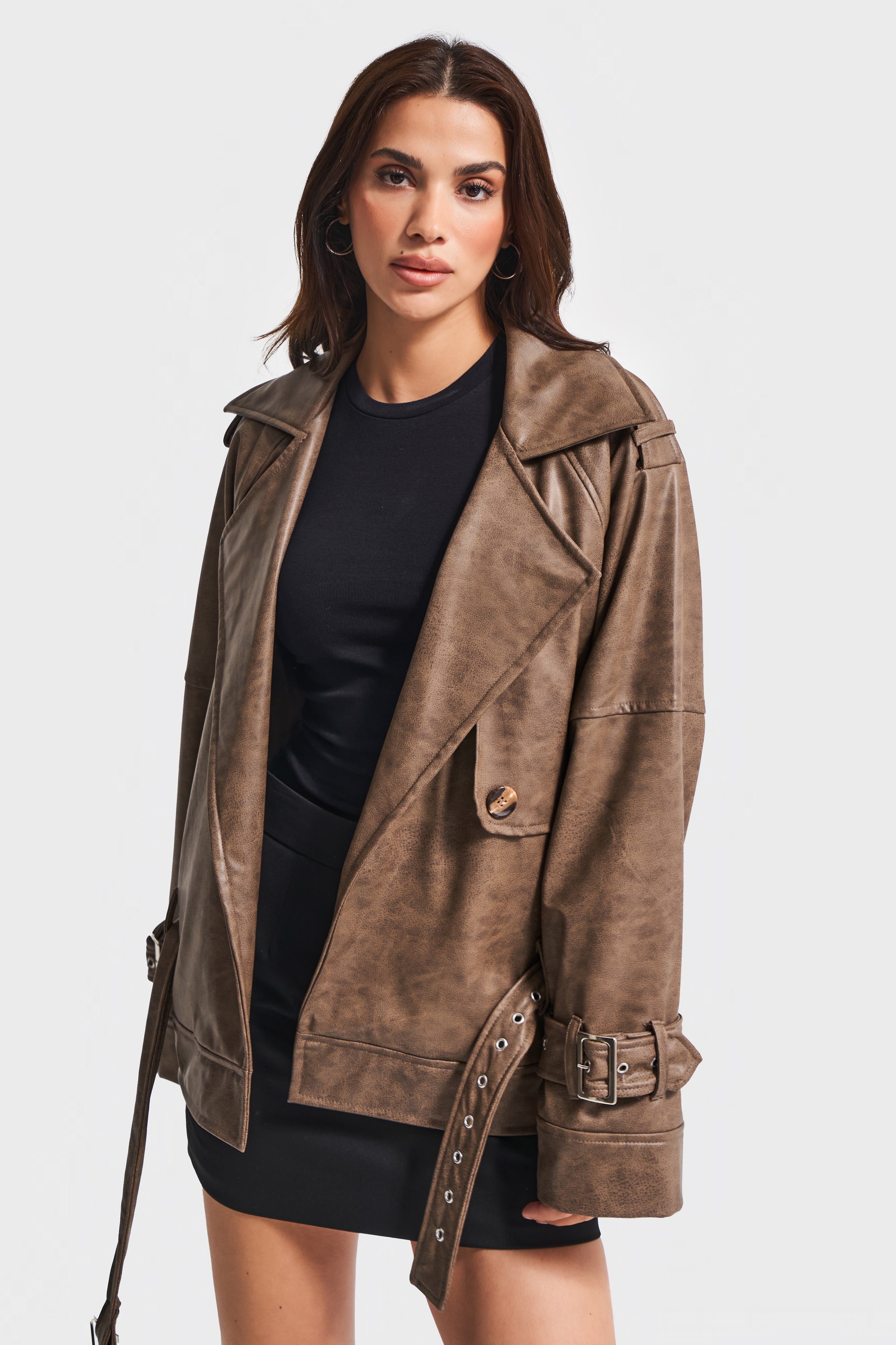 Kadın Kahverengi w5-16 Özel Yıkama Bol Kesim Deri Kumaş Tasarım Ceket