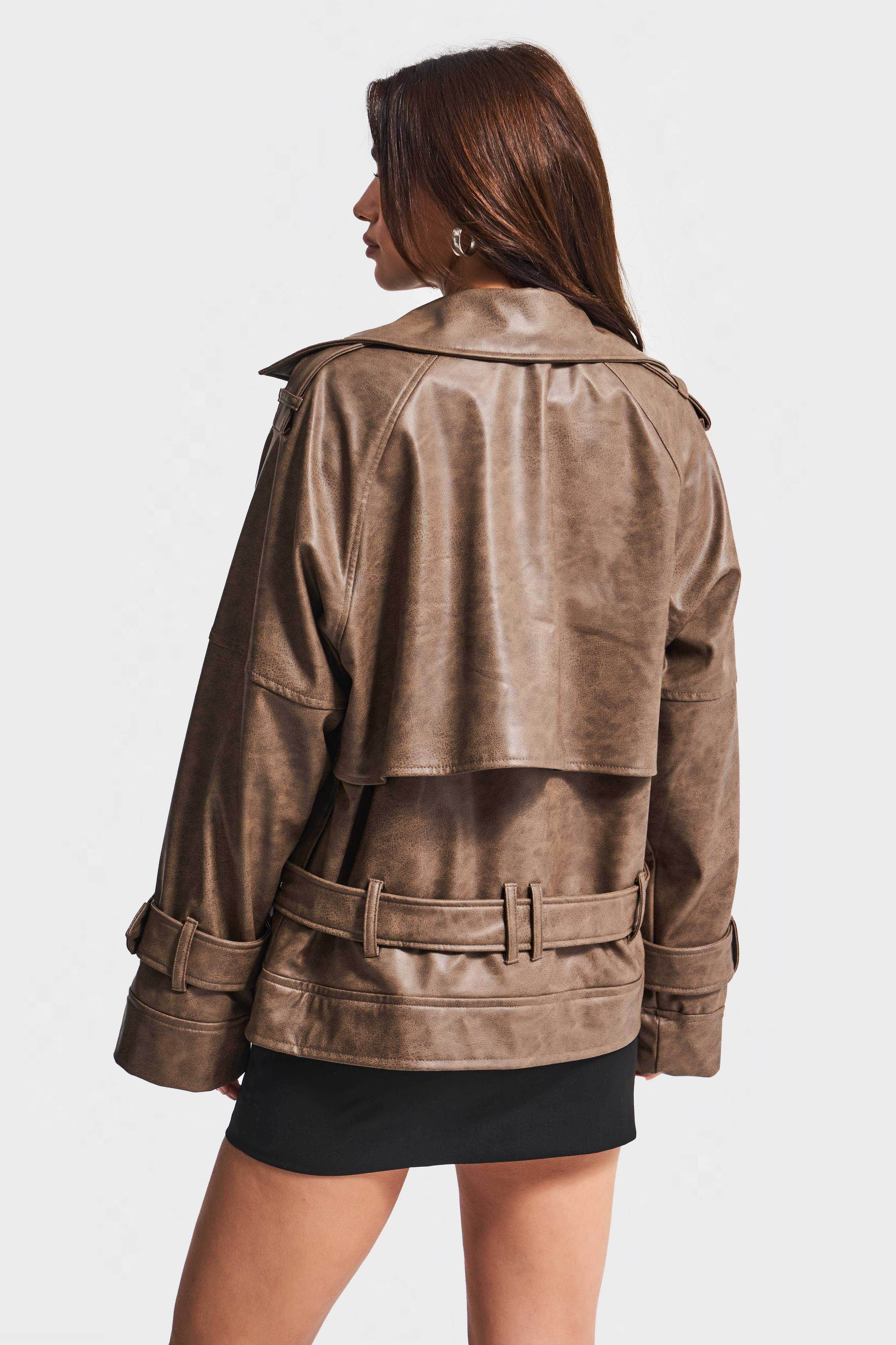 Women's Brown w5-16 Special Wash Loose Fit Leather Fabric Design Jacket