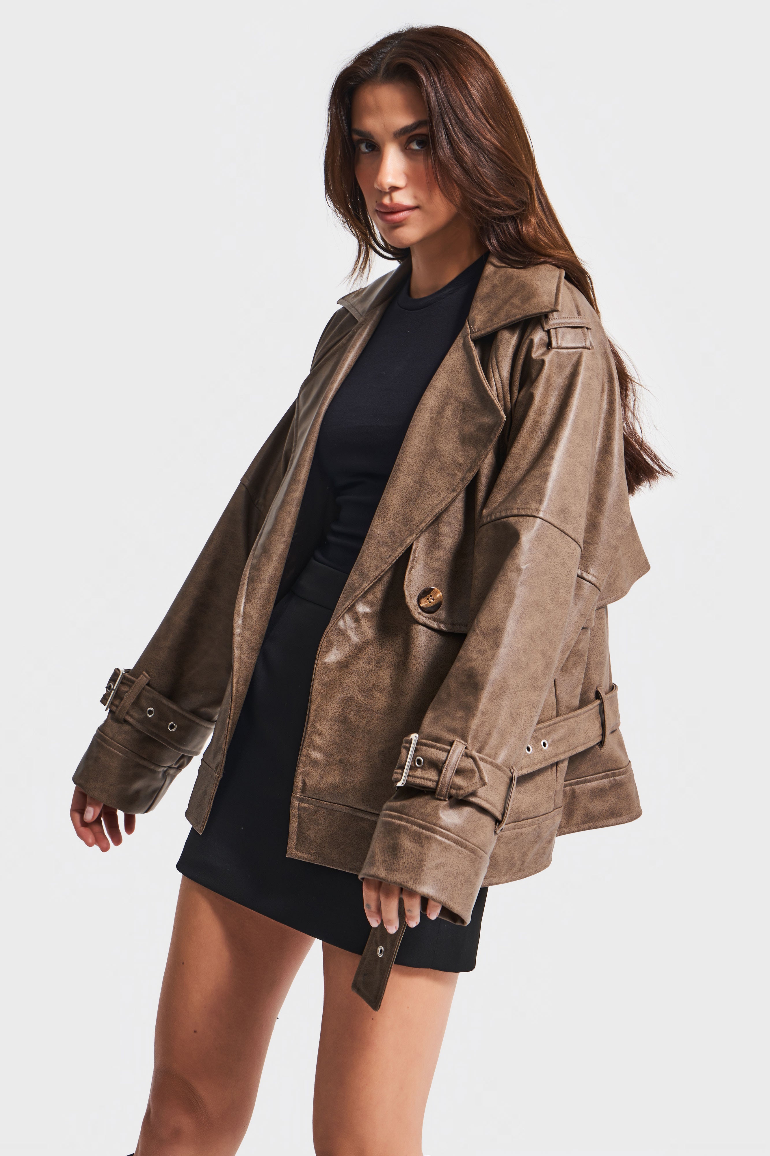Women's Brown w5-16 Special Wash Loose Fit Leather Fabric Design Jacket