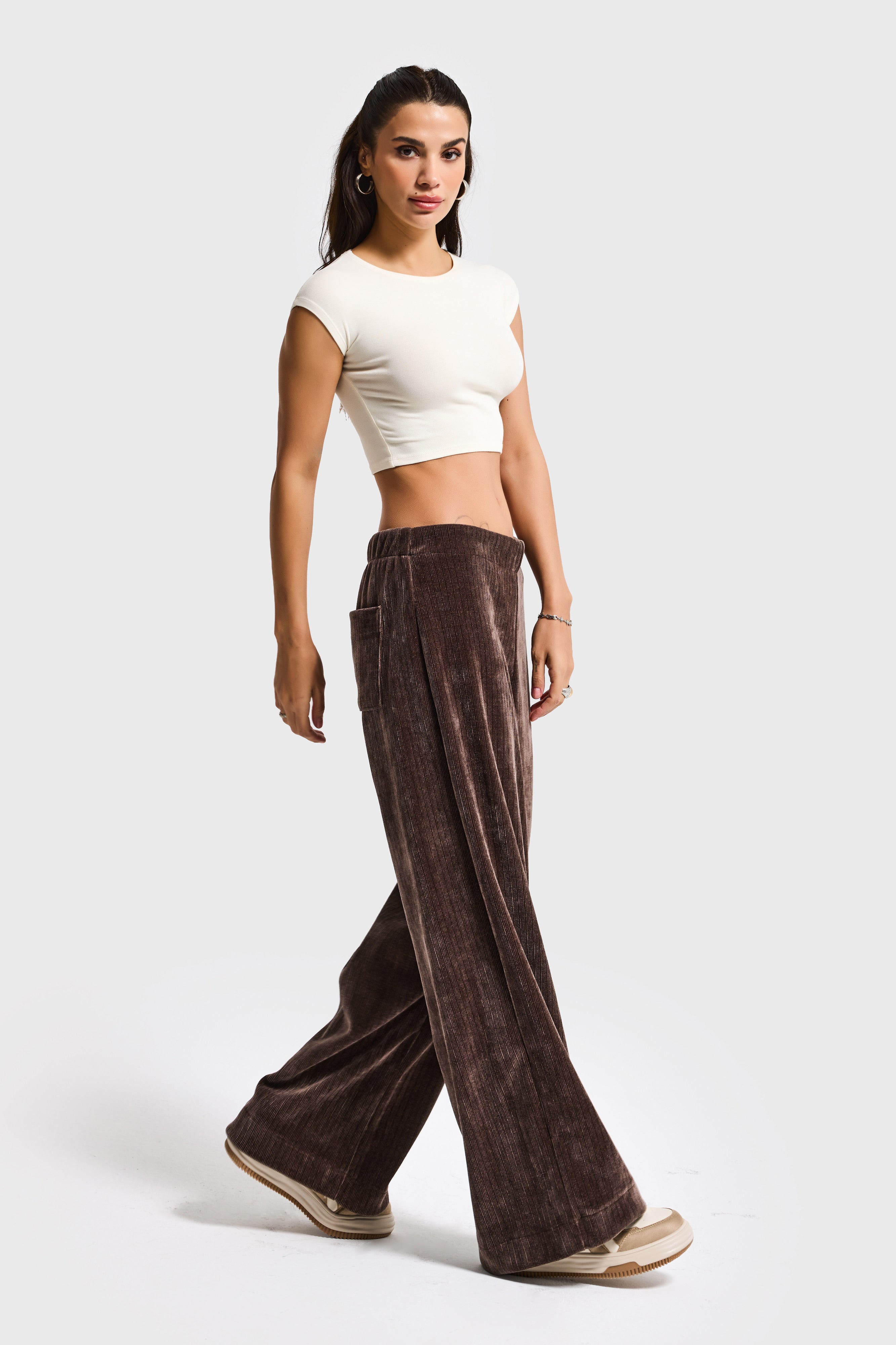 Kadın Kahverengi w5-16 Palazzo Fit Velvet Kadife Kumaş Pantolon