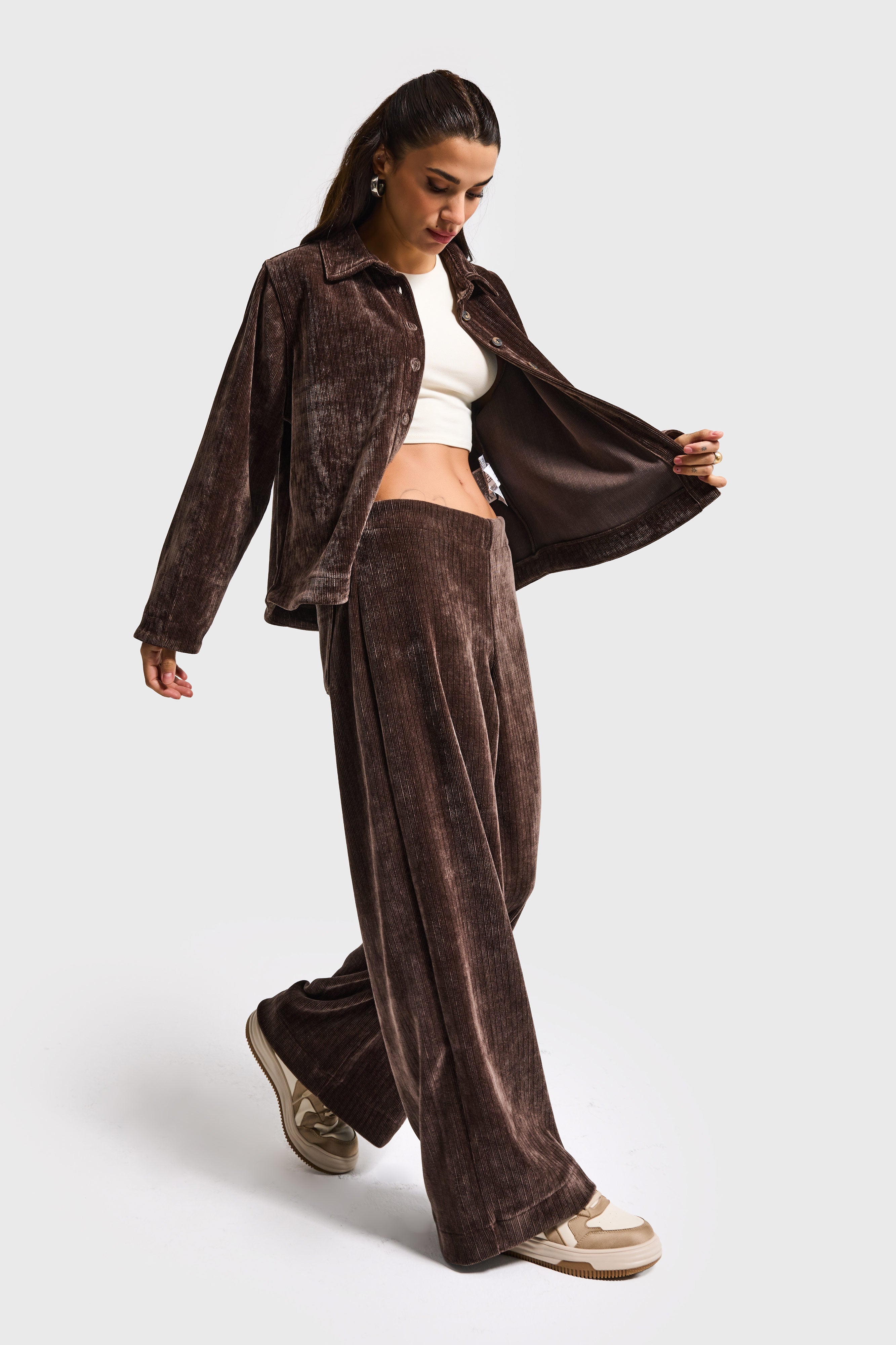 Kadın Kahverengi w5-16 Palazzo Fit Velvet Kadife Kumaş Pantolon