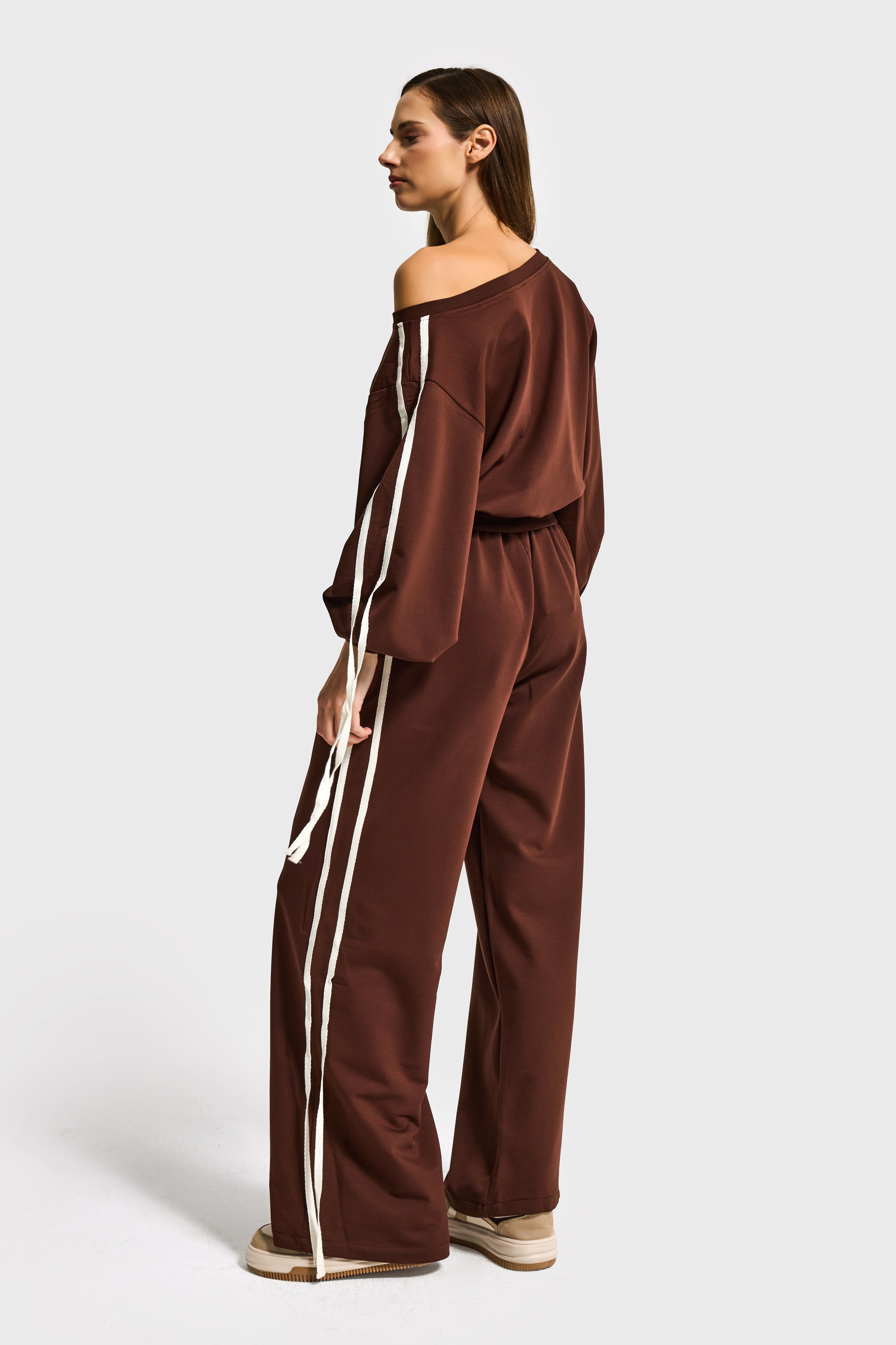 Kadın Kahverengi w5-16 Sweatshirt Eşofman Pantolon 2'li Alt Üst Tasarım Takım