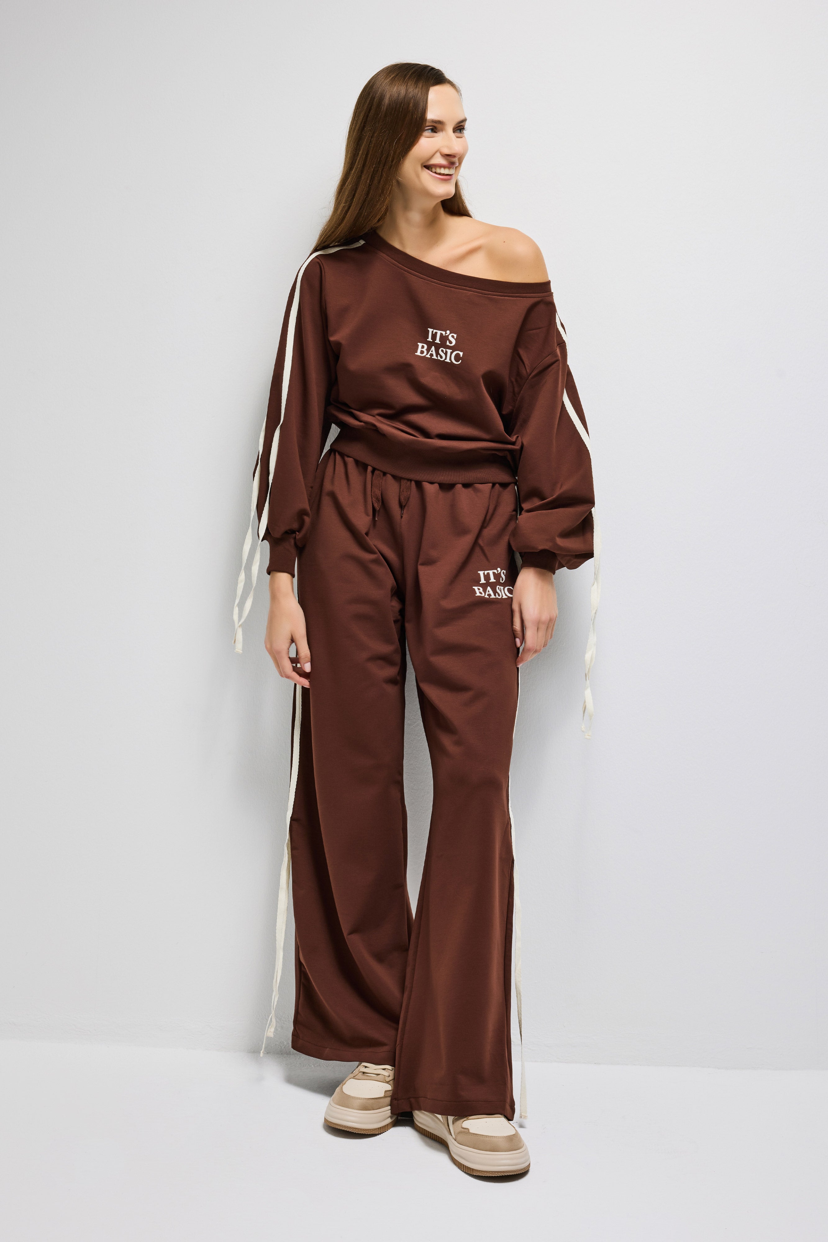 Kadın Kahverengi w5-16 Sweatshirt Eşofman Pantolon 2'li Alt Üst Tasarım Takım