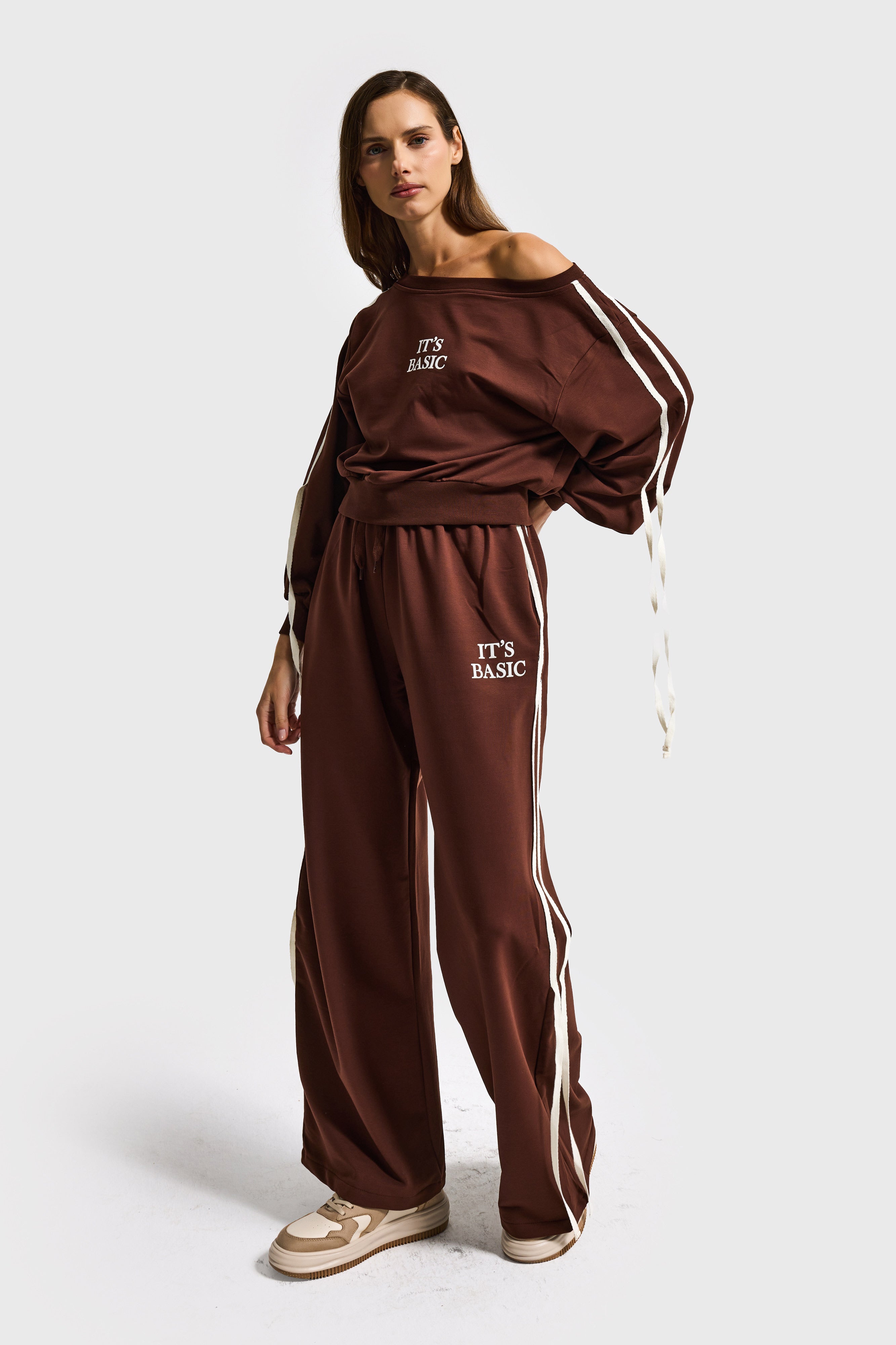 Kadın Kahverengi w5-16 Sweatshirt Eşofman Pantolon 2'li Alt Üst Tasarım Takım