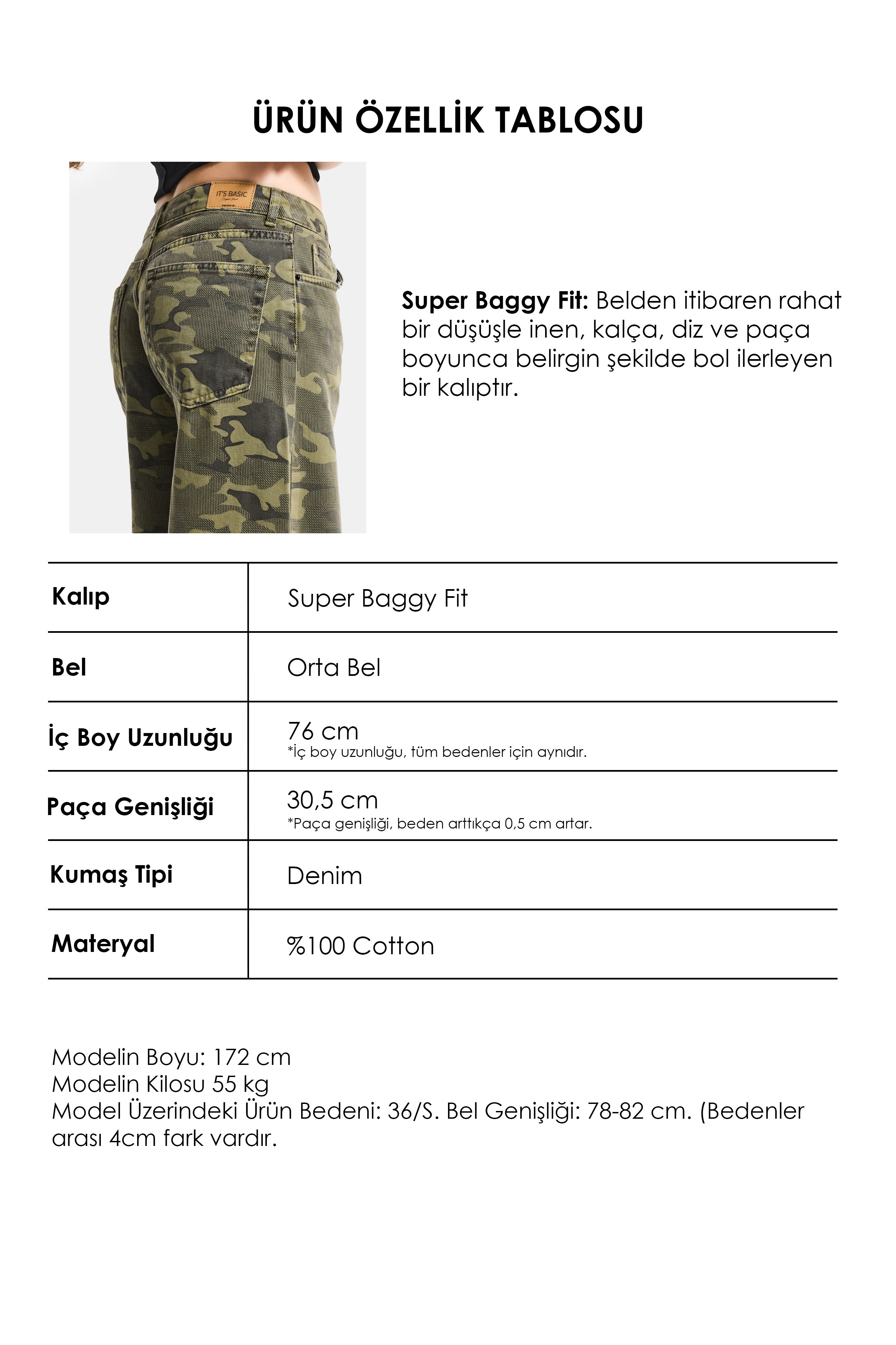 Kadın Kamuflaj 6s6-28 Süper Baggy Denim Jean