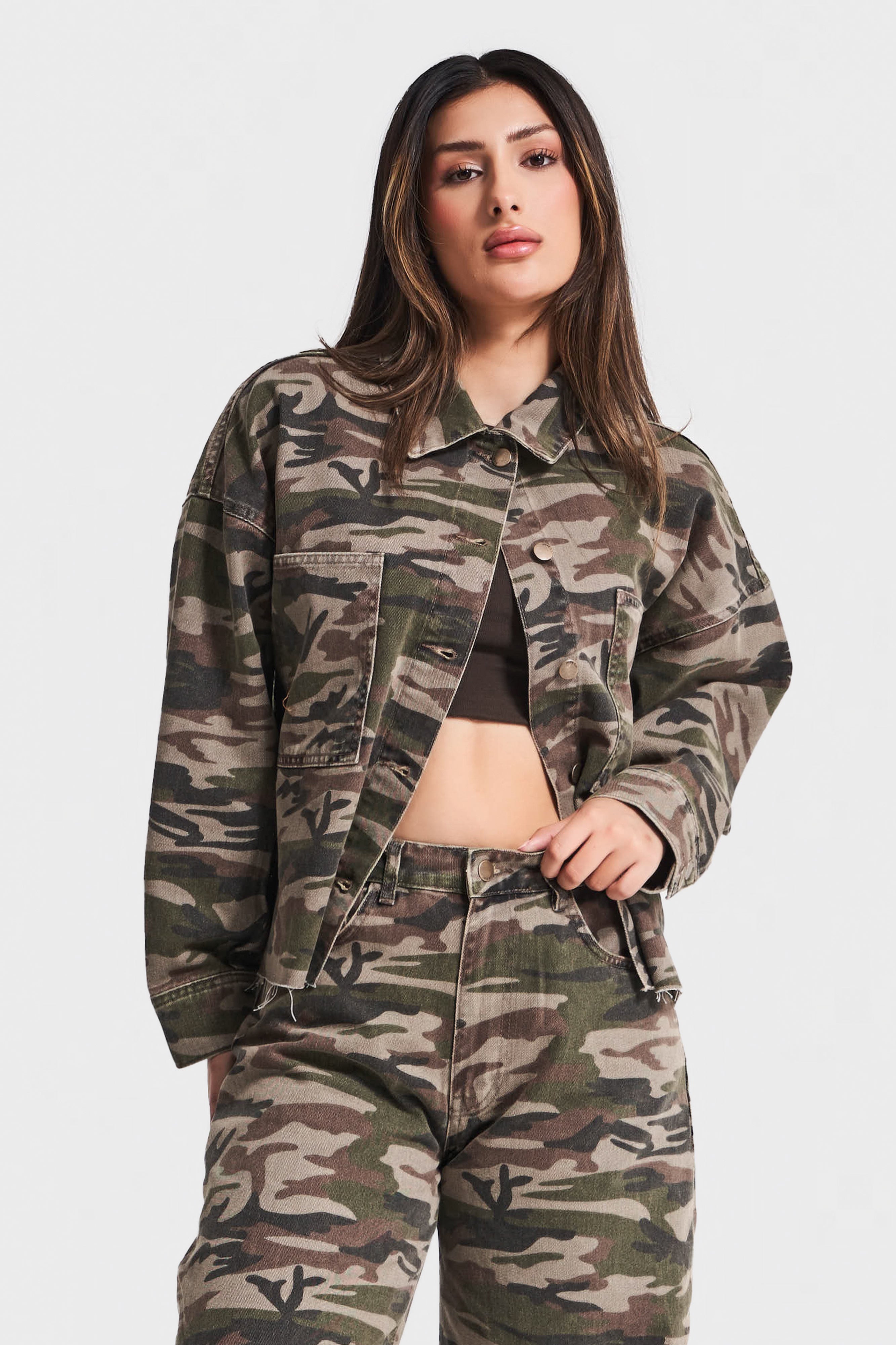 Women's Camouflage Color 1w5-28 Loose Fit Design Denim Jacket
