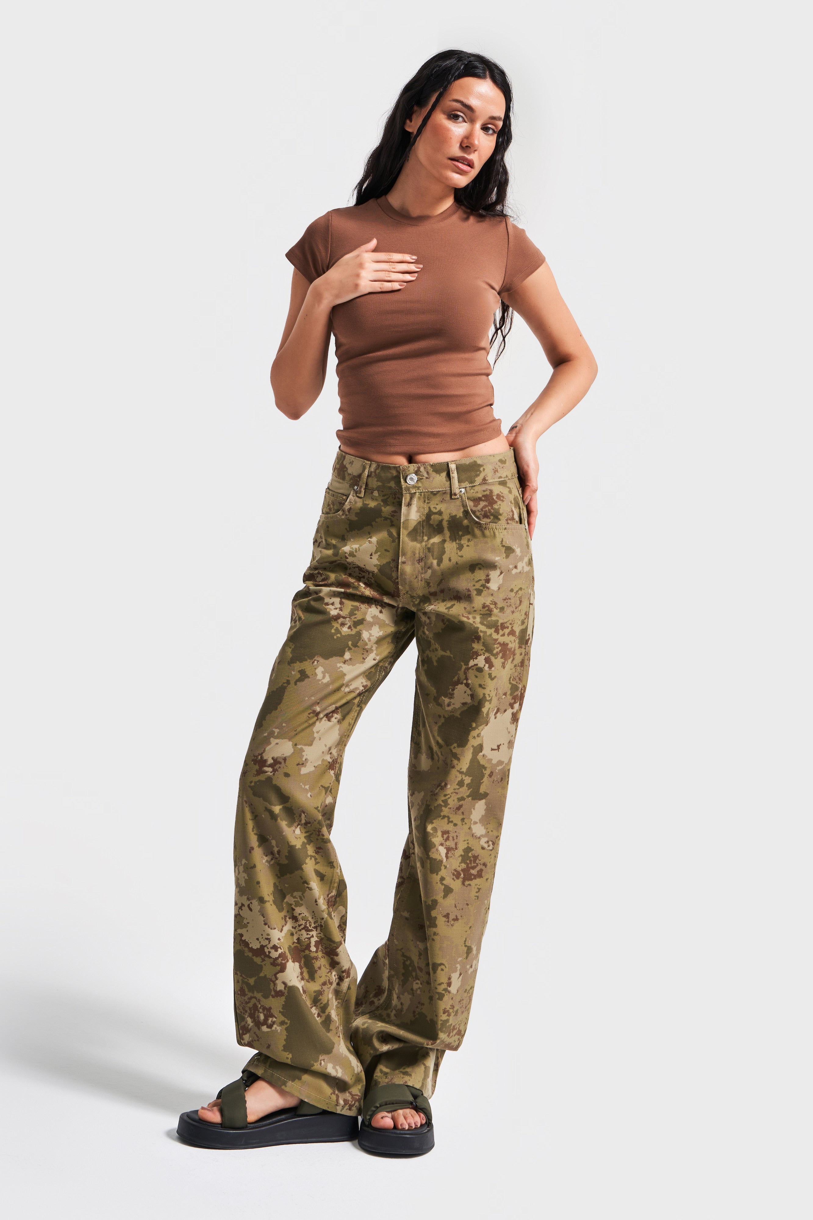 Women's Camouflage Color Loose Fit Mid Waist 100% Cotton Denim Trousers
