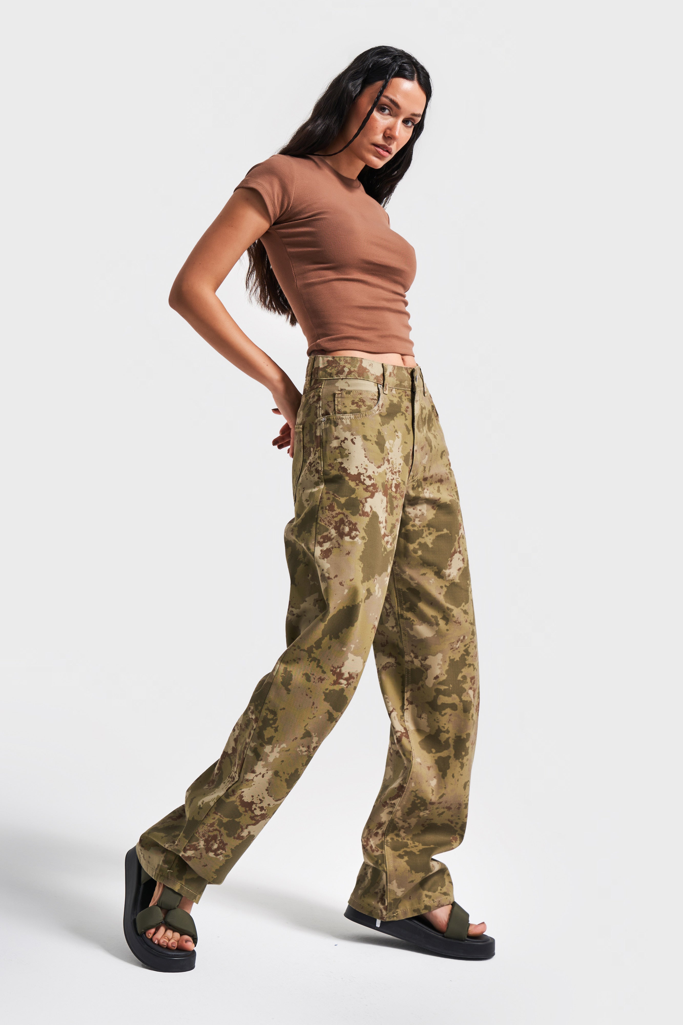 Women's Camouflage Color Loose Fit Mid Waist 100% Cotton Denim Trousers