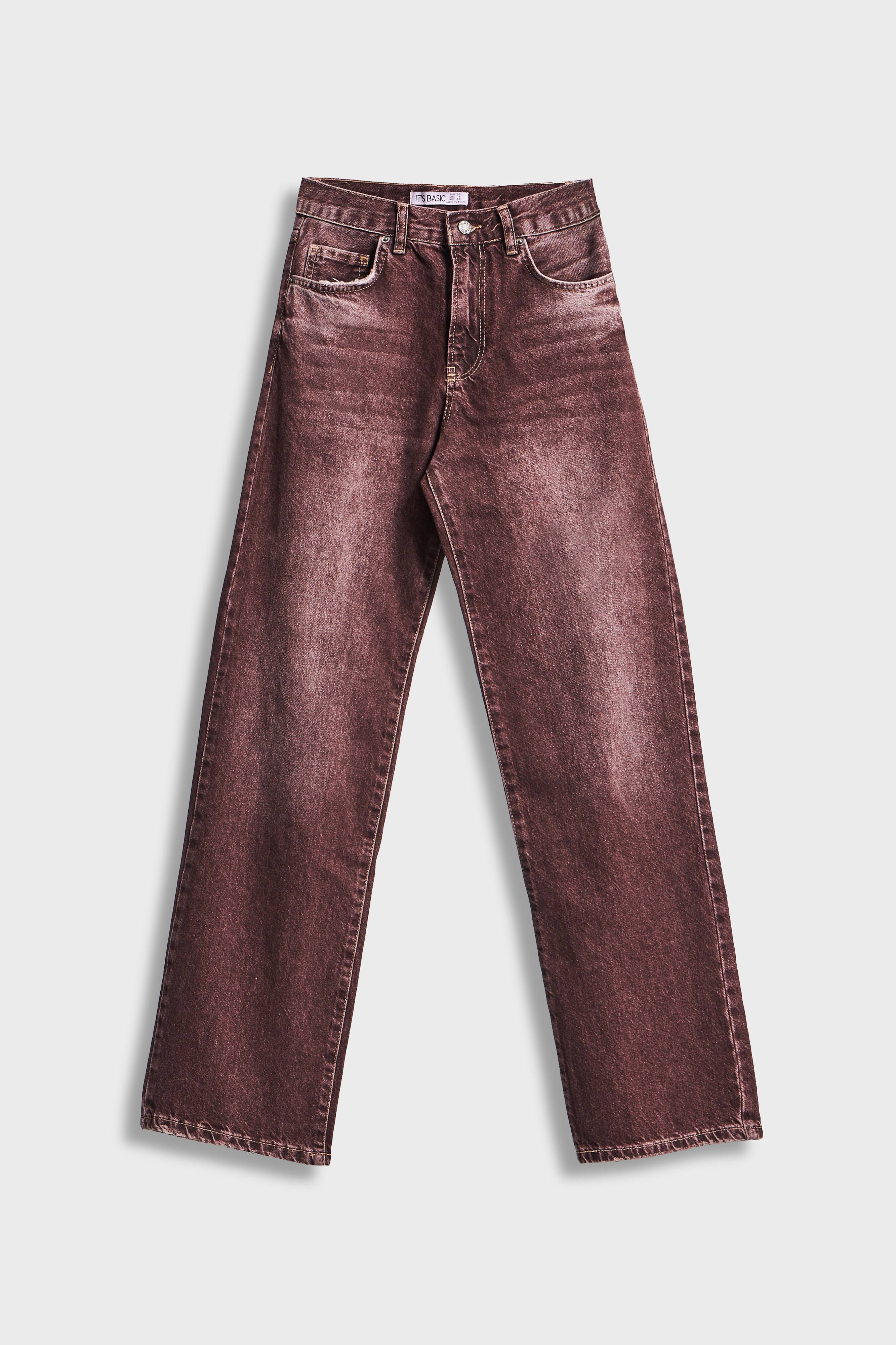 Kadın Taşlanmış Bordo Renk 2w5-131 Loose Fit Orta Bel İç Boy 80cm %100 Koton Denim Jean