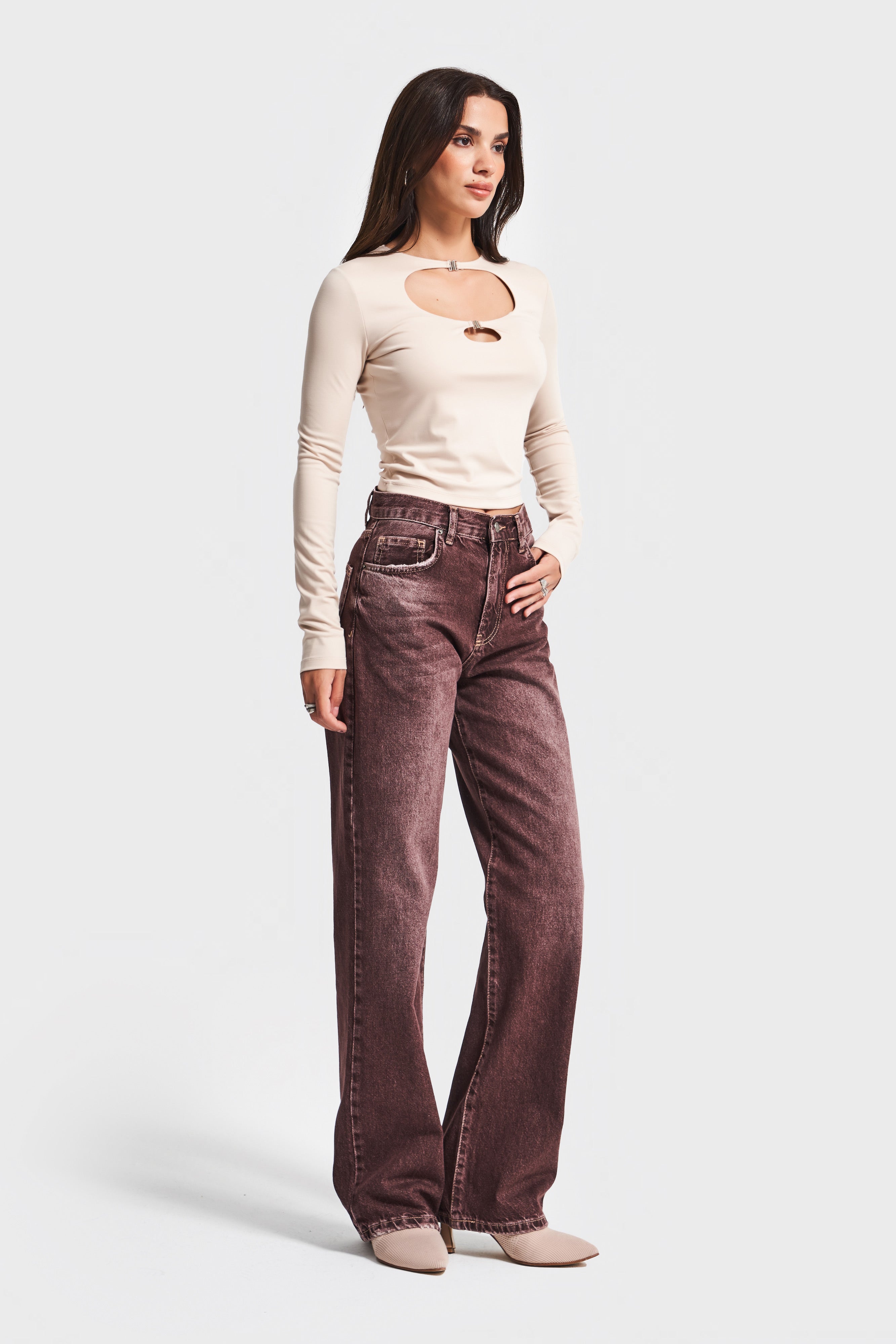 Kadın Taşlanmış Bordo Renk 2w5-131 Loose Fit Orta Bel İç Boy 80cm %100 Koton Denim Jean