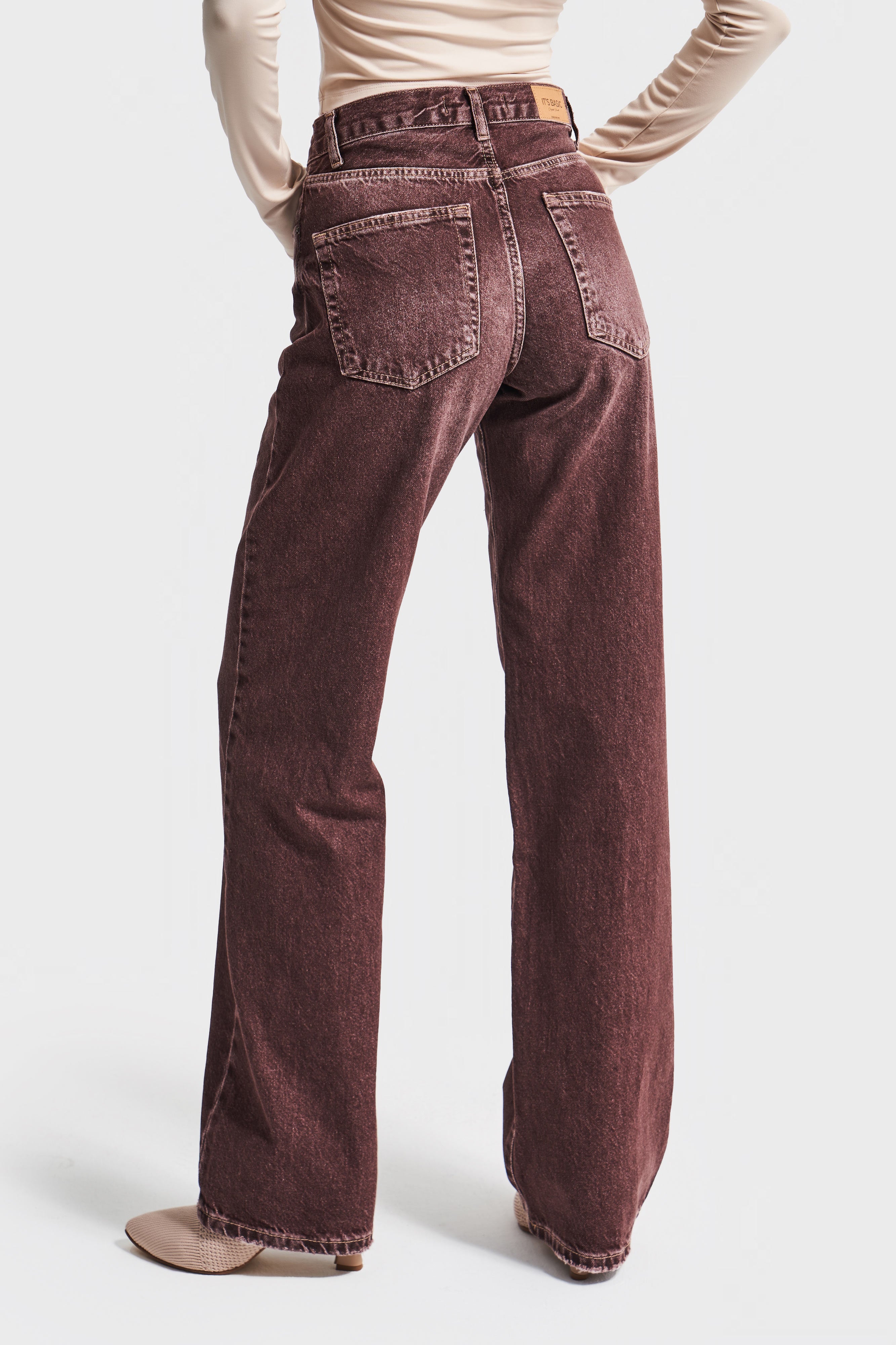Kadın Taşlanmış Bordo Renk 2w5-131 Loose Fit Orta Bel İç Boy 80cm %100 Koton Denim Jean