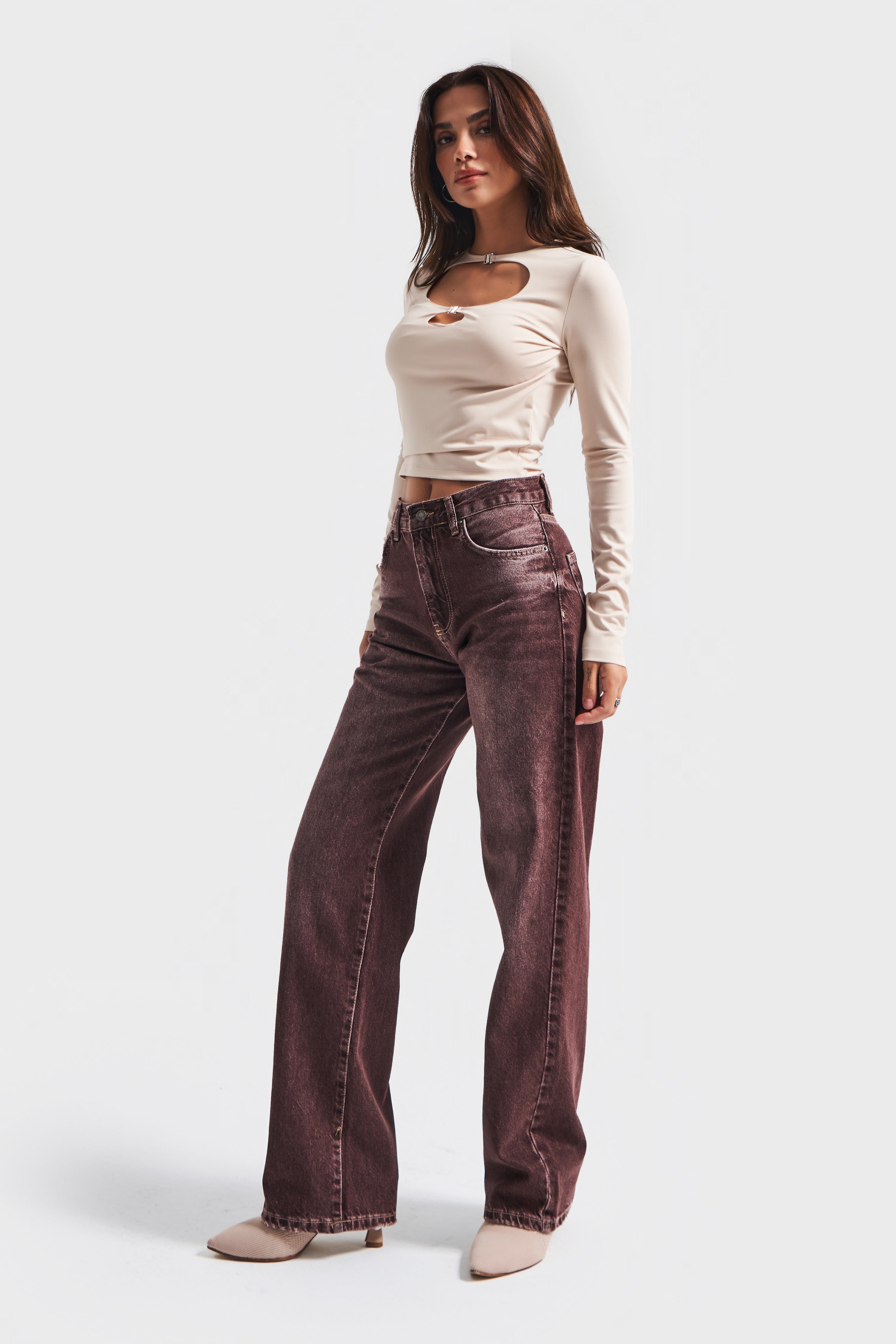 Kadın Taşlanmış Bordo Renk 2w5-131 Loose Fit Orta Bel İç Boy 80cm %100 Koton Denim Jean