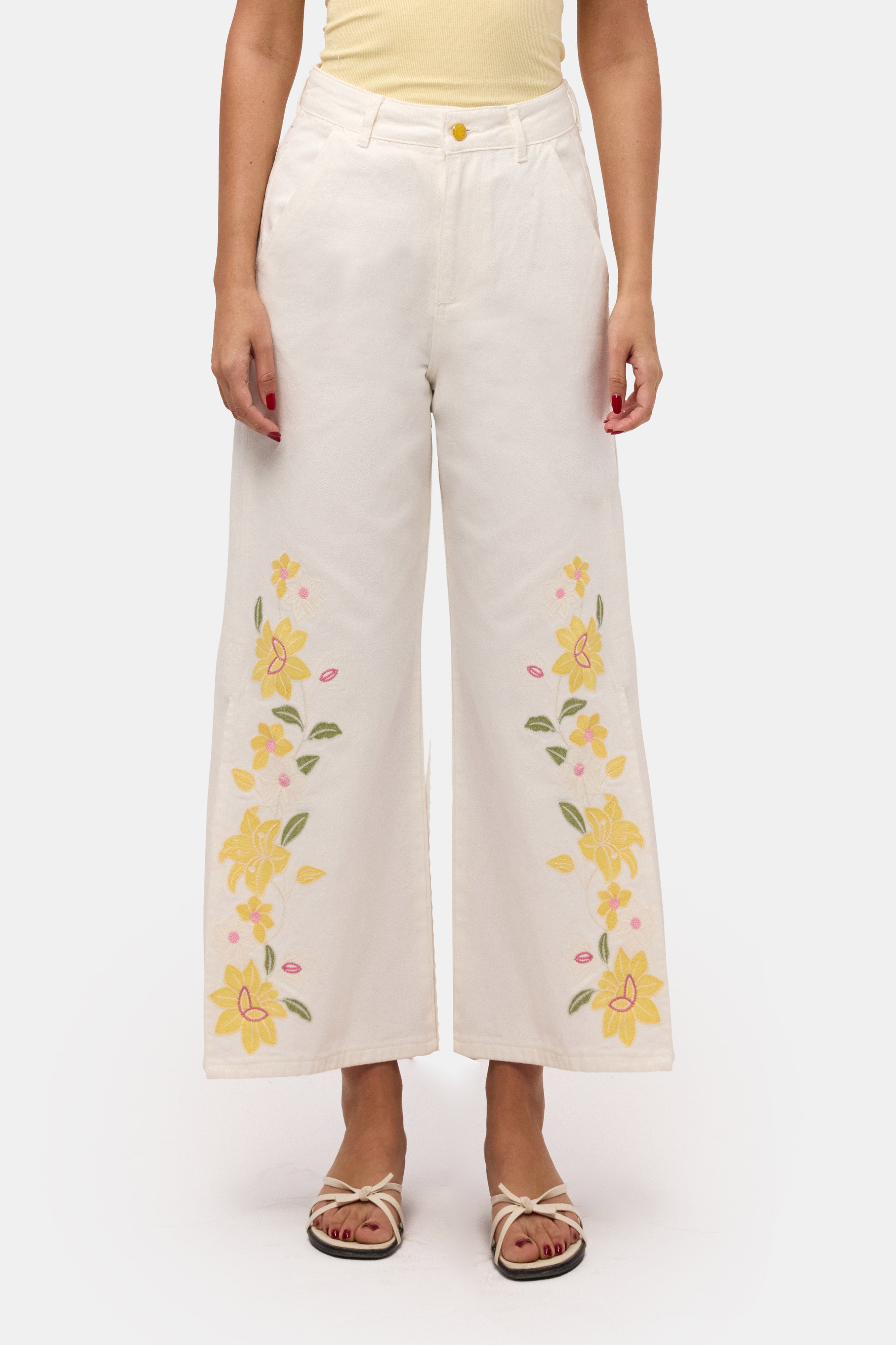 Kadın Kırık Beyaz 7s6-101 Culotte Fit Çiçek Nakışlı Tasarım Denim Jean